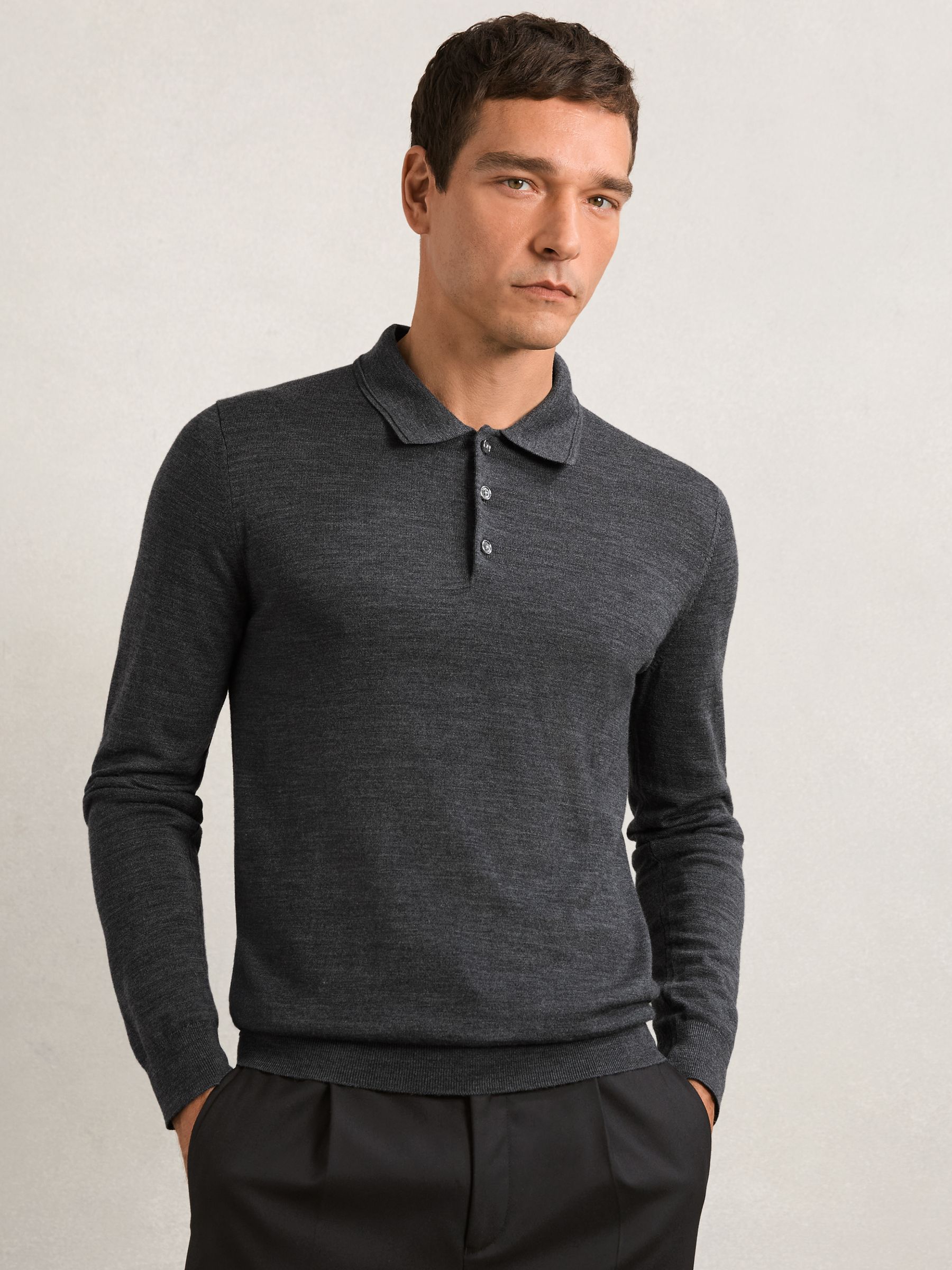 Wool Long-Sleeve Polo Shirt in Derby Grey Marl - image 3