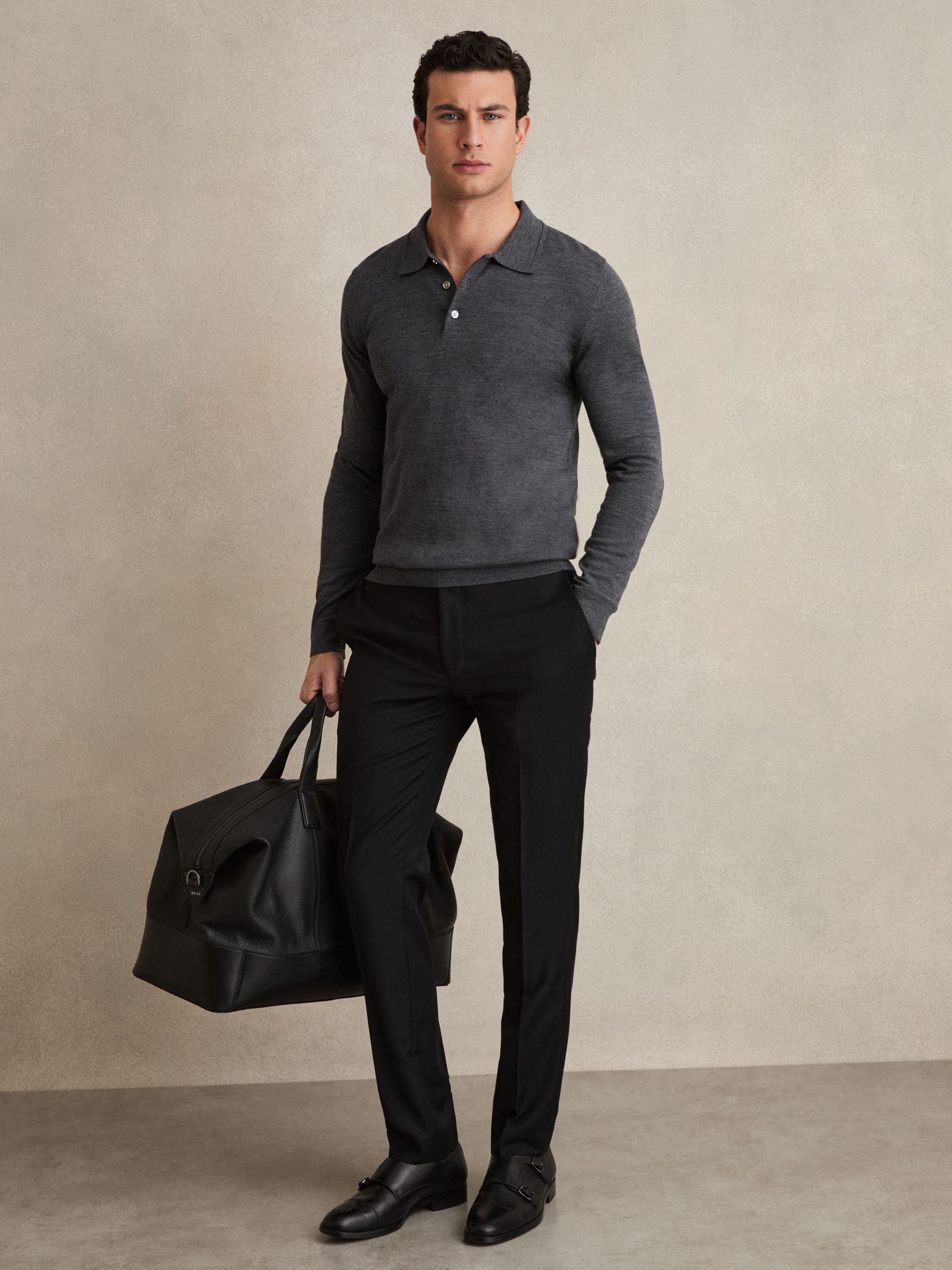 Merino Wool Polo Shirt in Derby Grey Marl - Image 3 of 6
