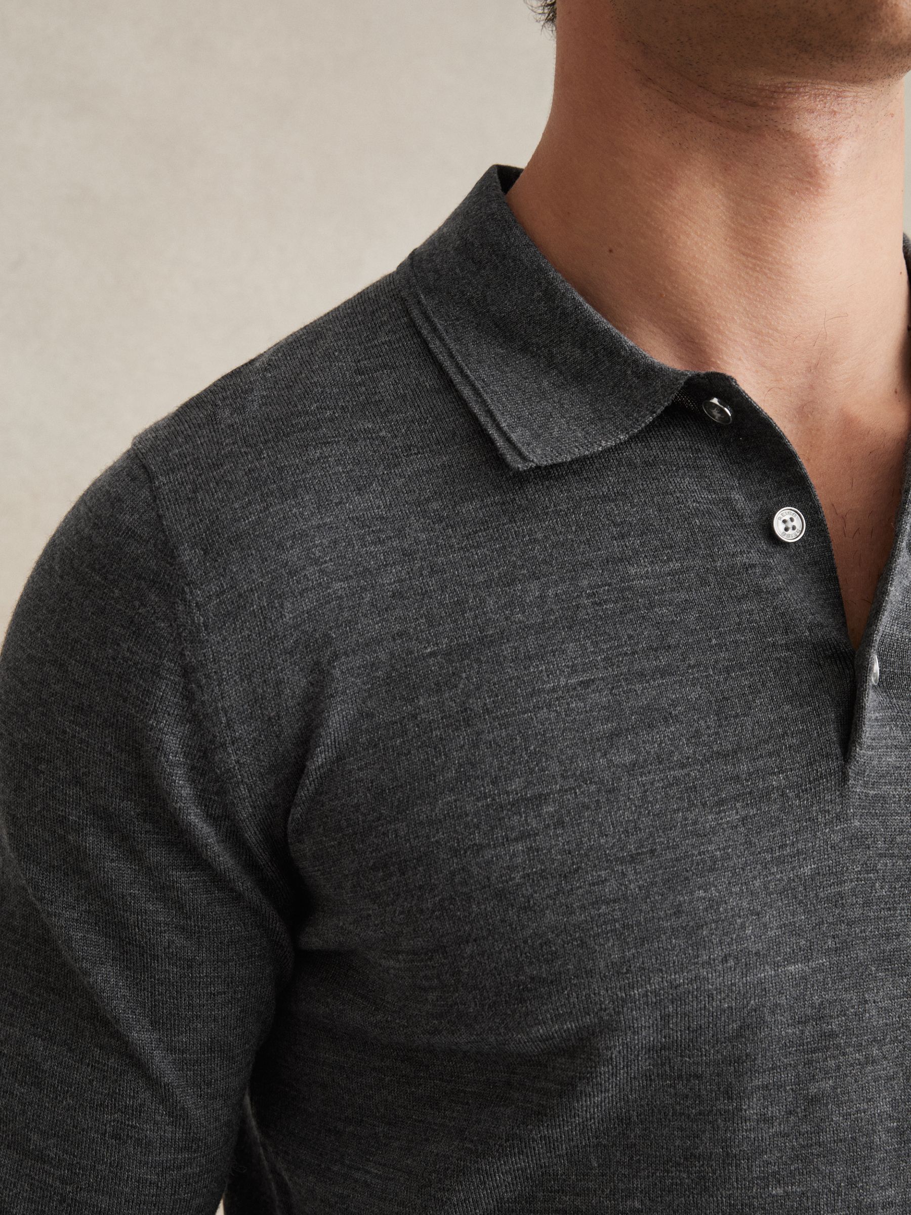 Merino Wool Polo Shirt in Derby Grey Marl - Image 4 of 6