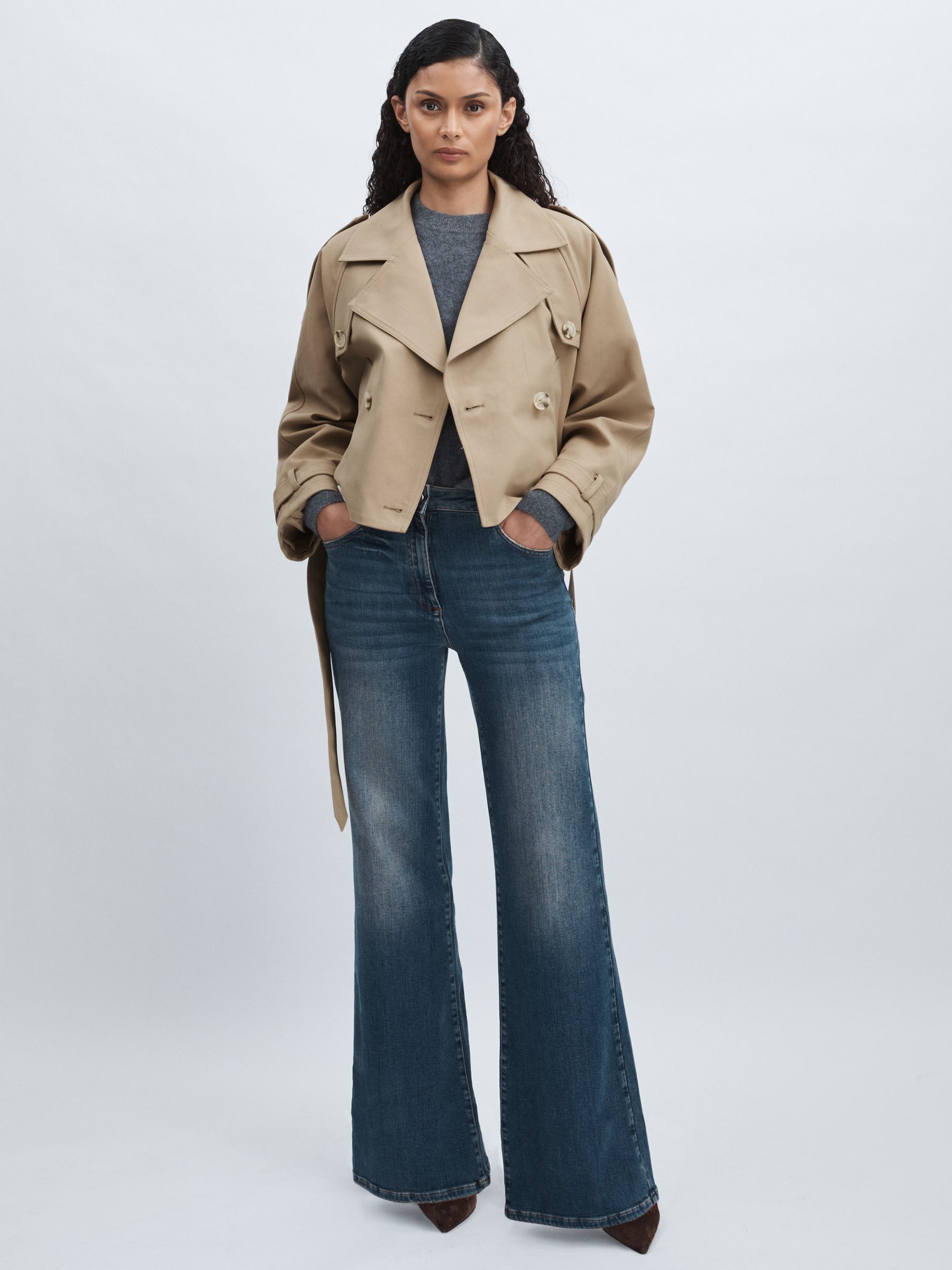 Meotine Double-Breasted Cropped Trench Jacket in Beige - Image 1 of 6