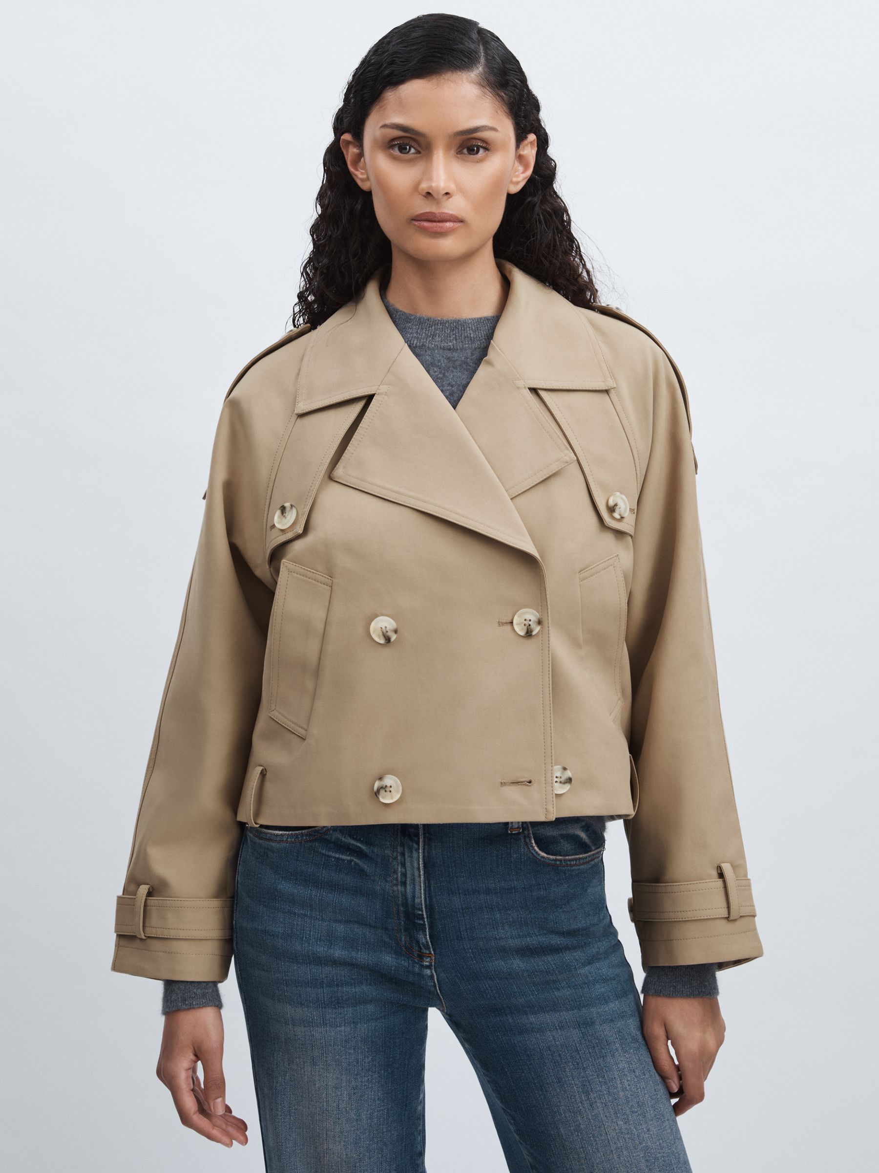 Meotine Double-Breasted Cropped Trench Jacket in Beige - Image 3 of 6