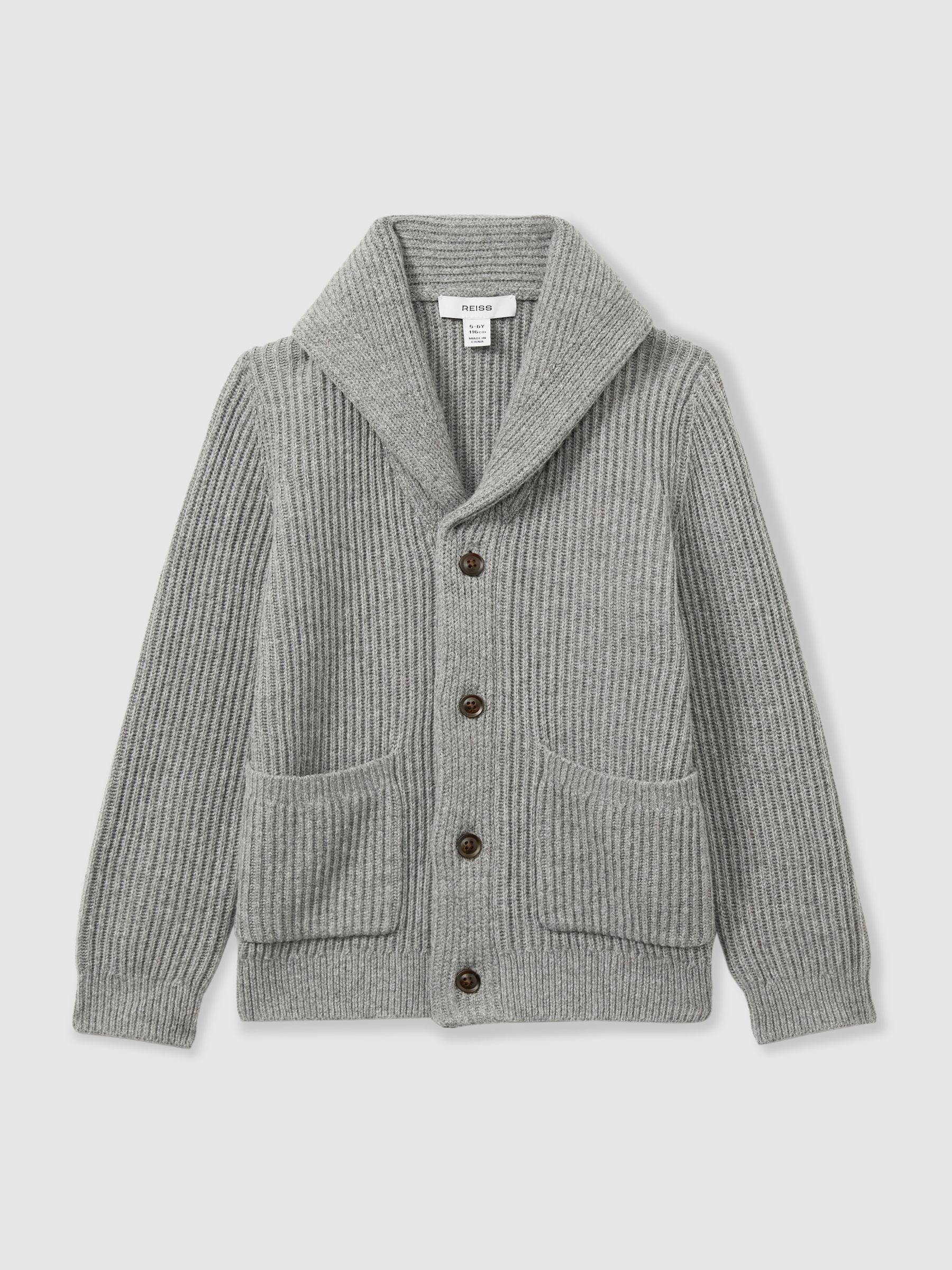 13-14 yrs Ribbed Shawl Cardigan With Merino Wool in Grey Melange - Image 1 of 4