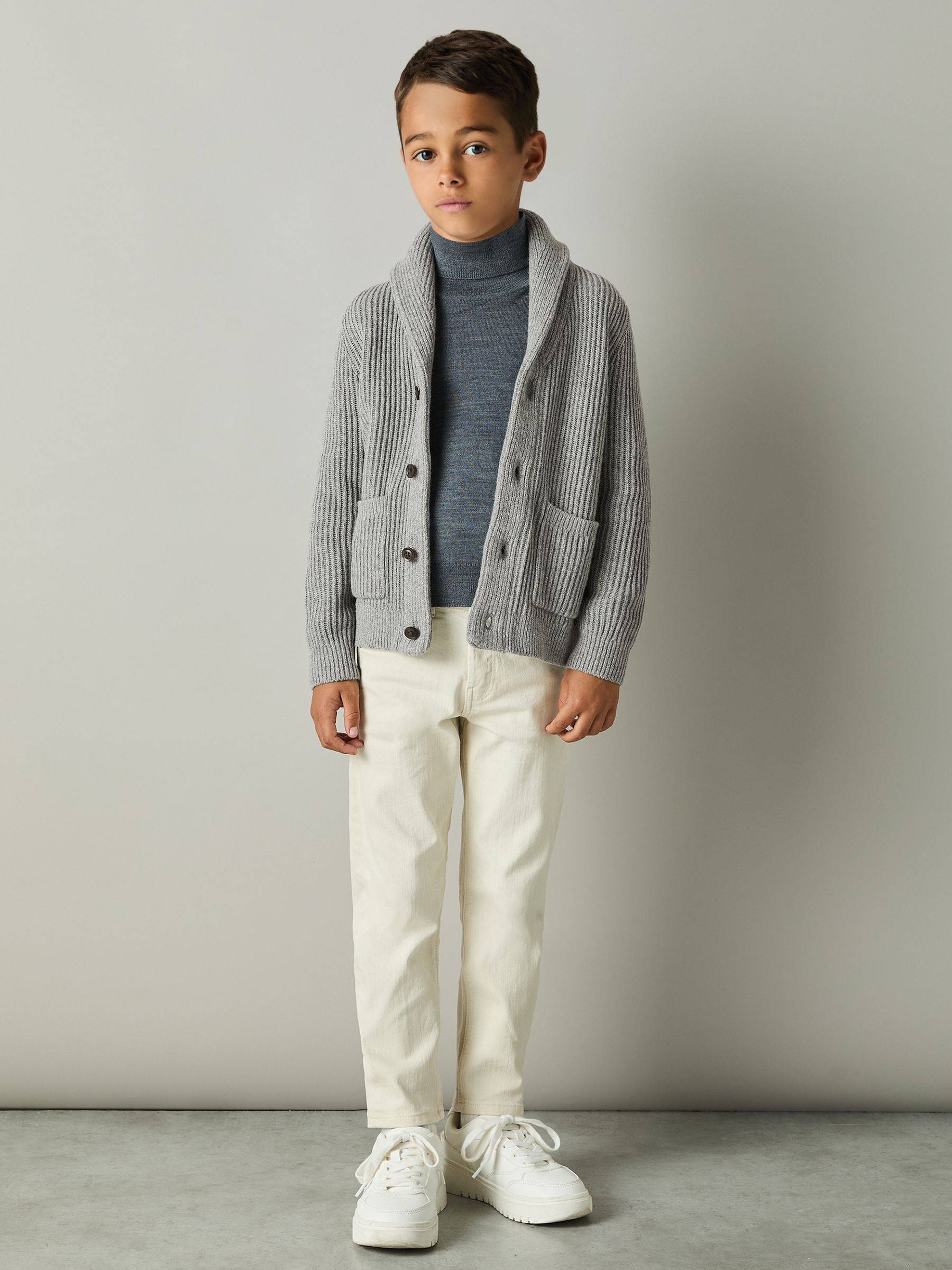 13-14 yrs Ribbed Shawl Cardigan With Merino Wool in Grey Melange - Image 2 of 4