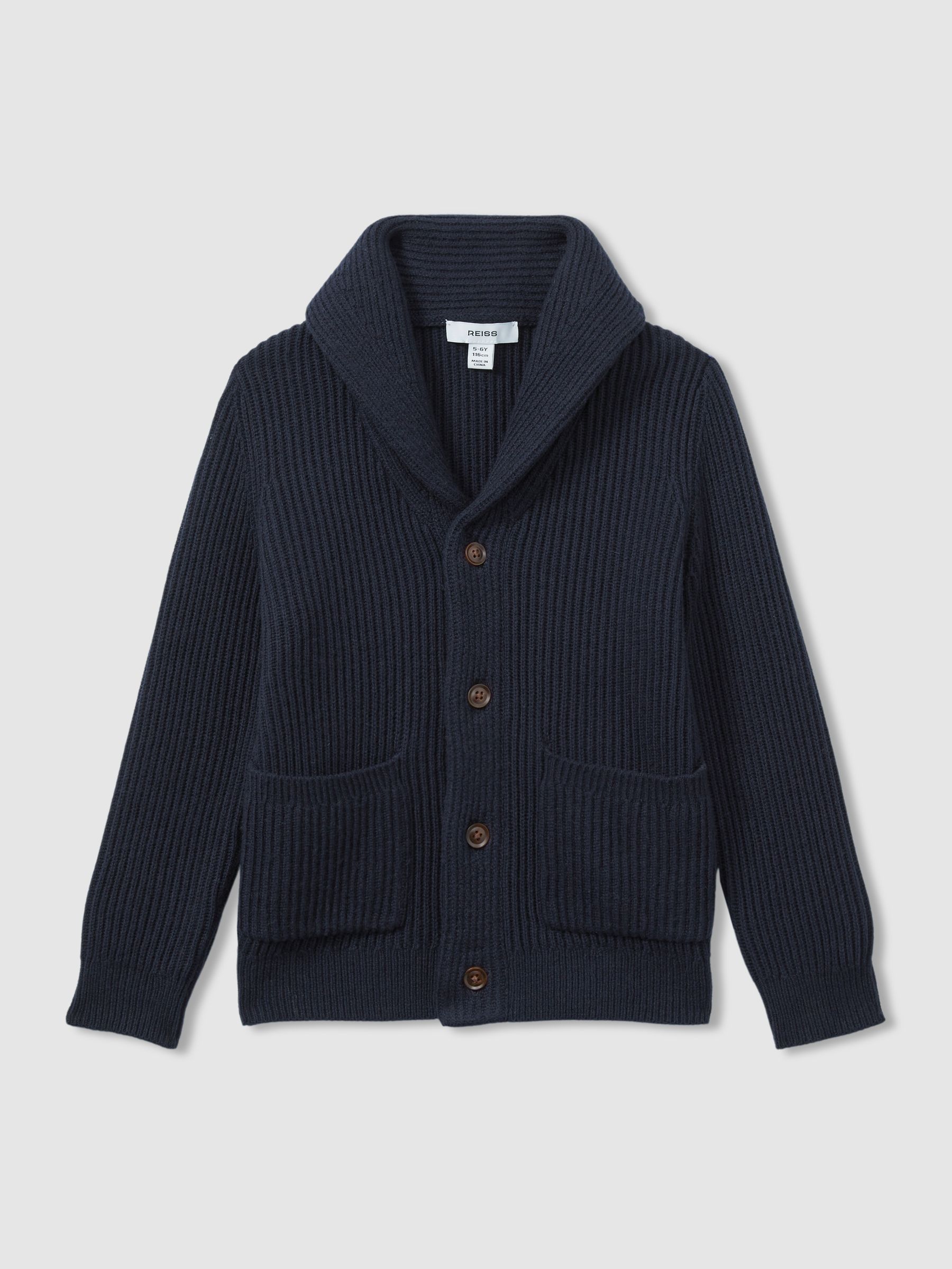 Ribbed Shawl Cardigan With Merino Wool in Navy - Image 1 of 4
