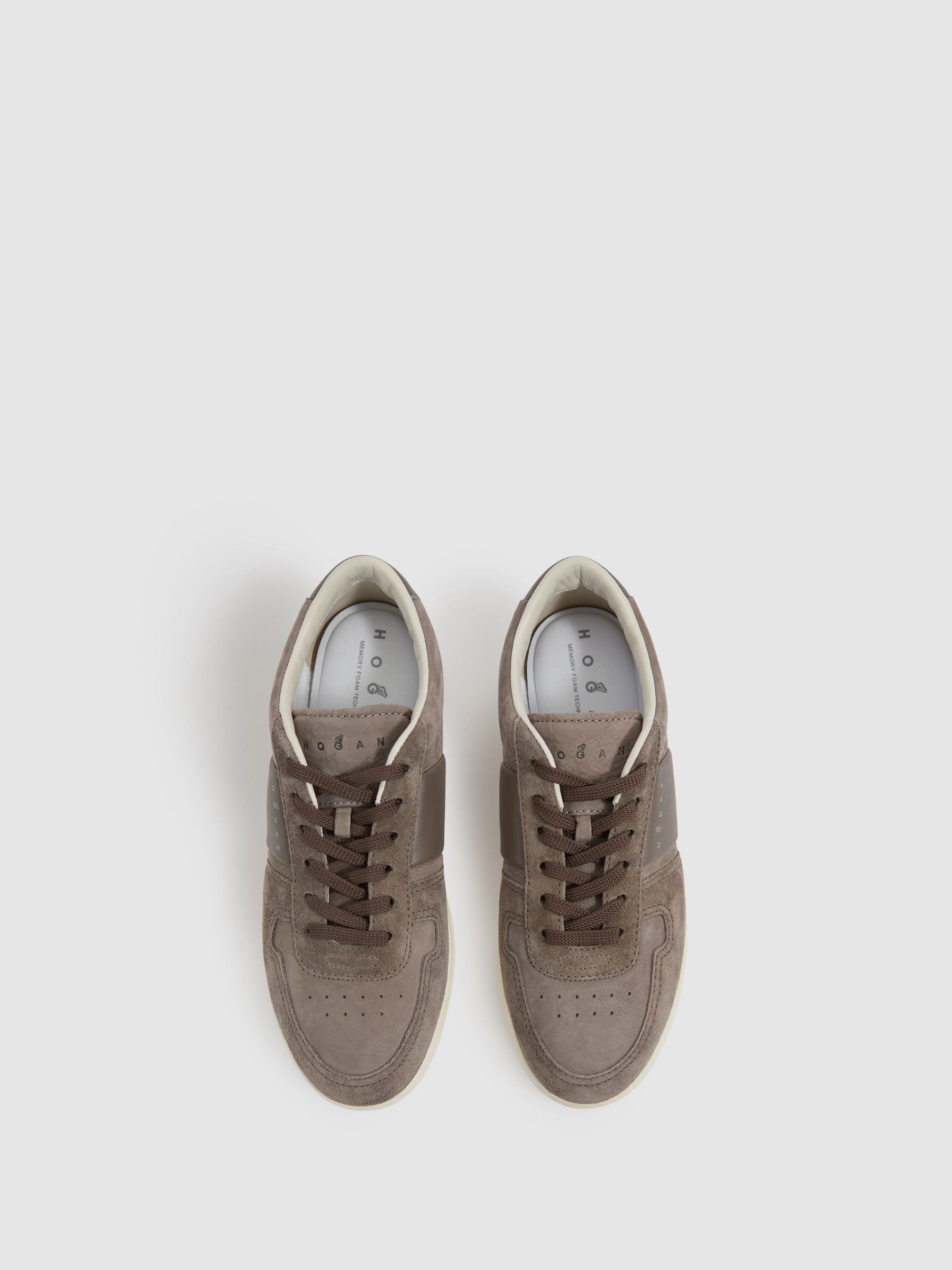 Hogan Leather And Suede Lace-Up Trainers in Dark Khaki - Image 2 of 4