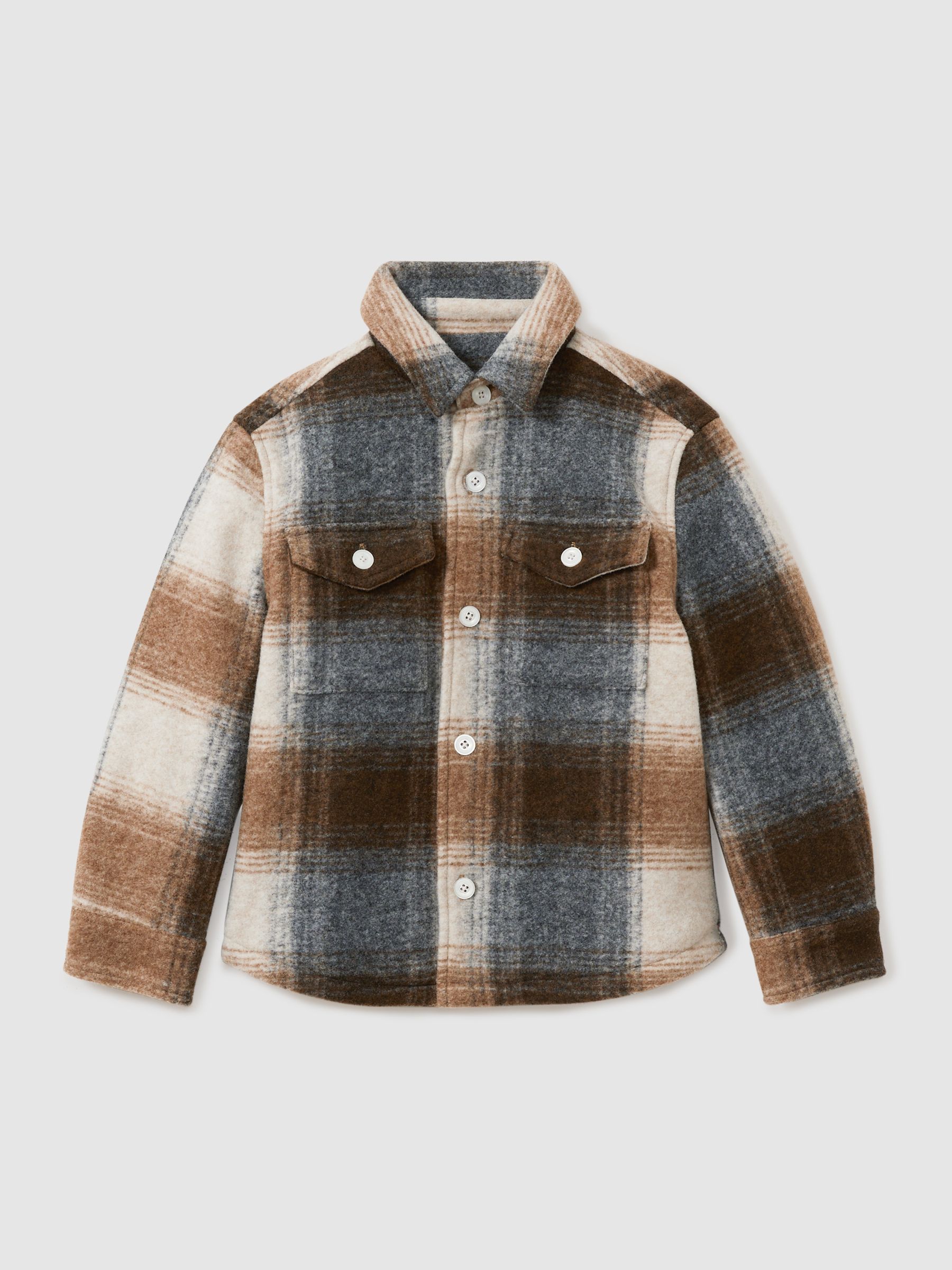 Brushed-Tweed Fleece-Lined Check Overshirt in Brown Melange - Image 2 of 4