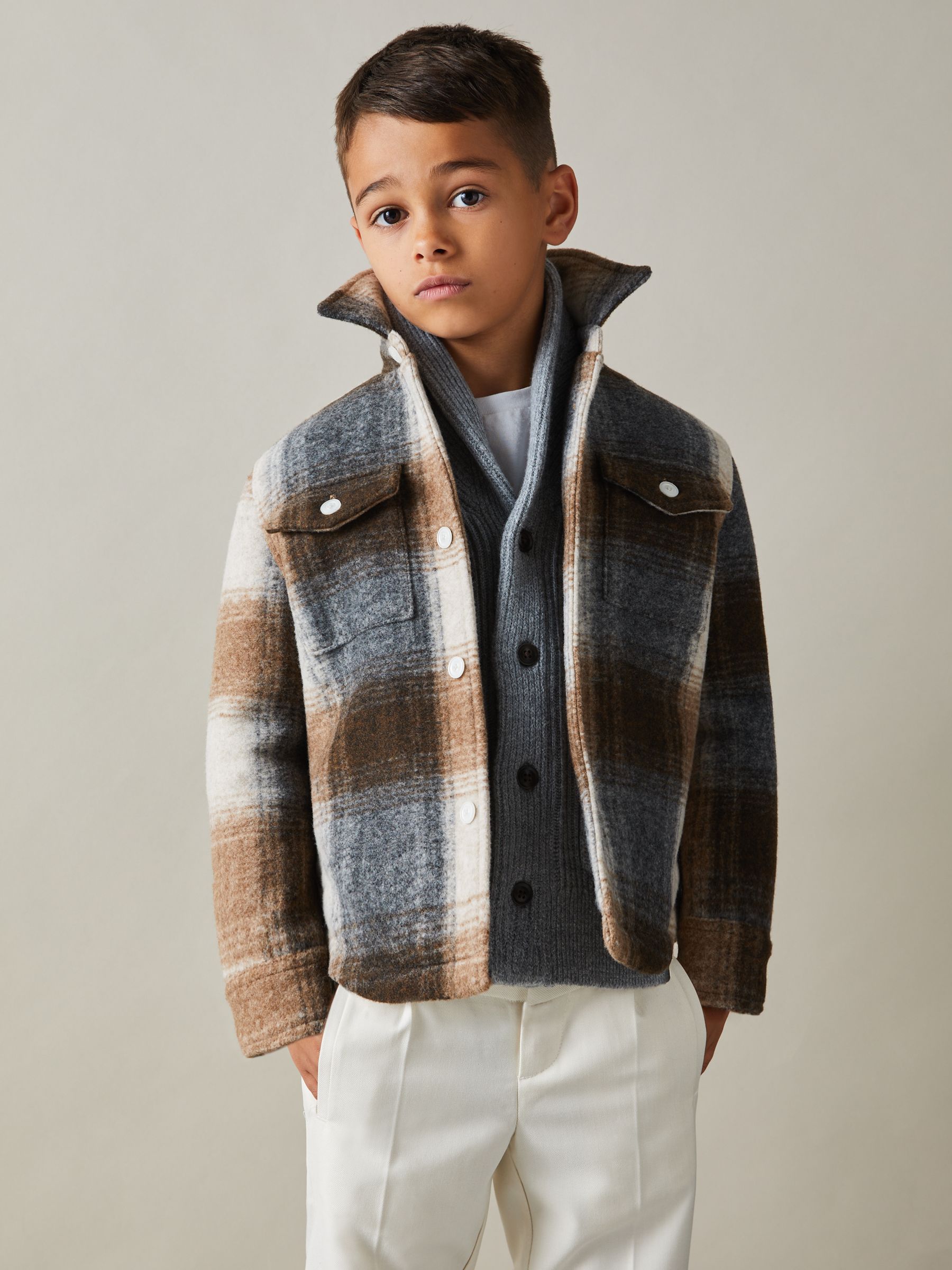 Brushed-Tweed Fleece-Lined Check Overshirt in Brown Melange - Image 3 of 4