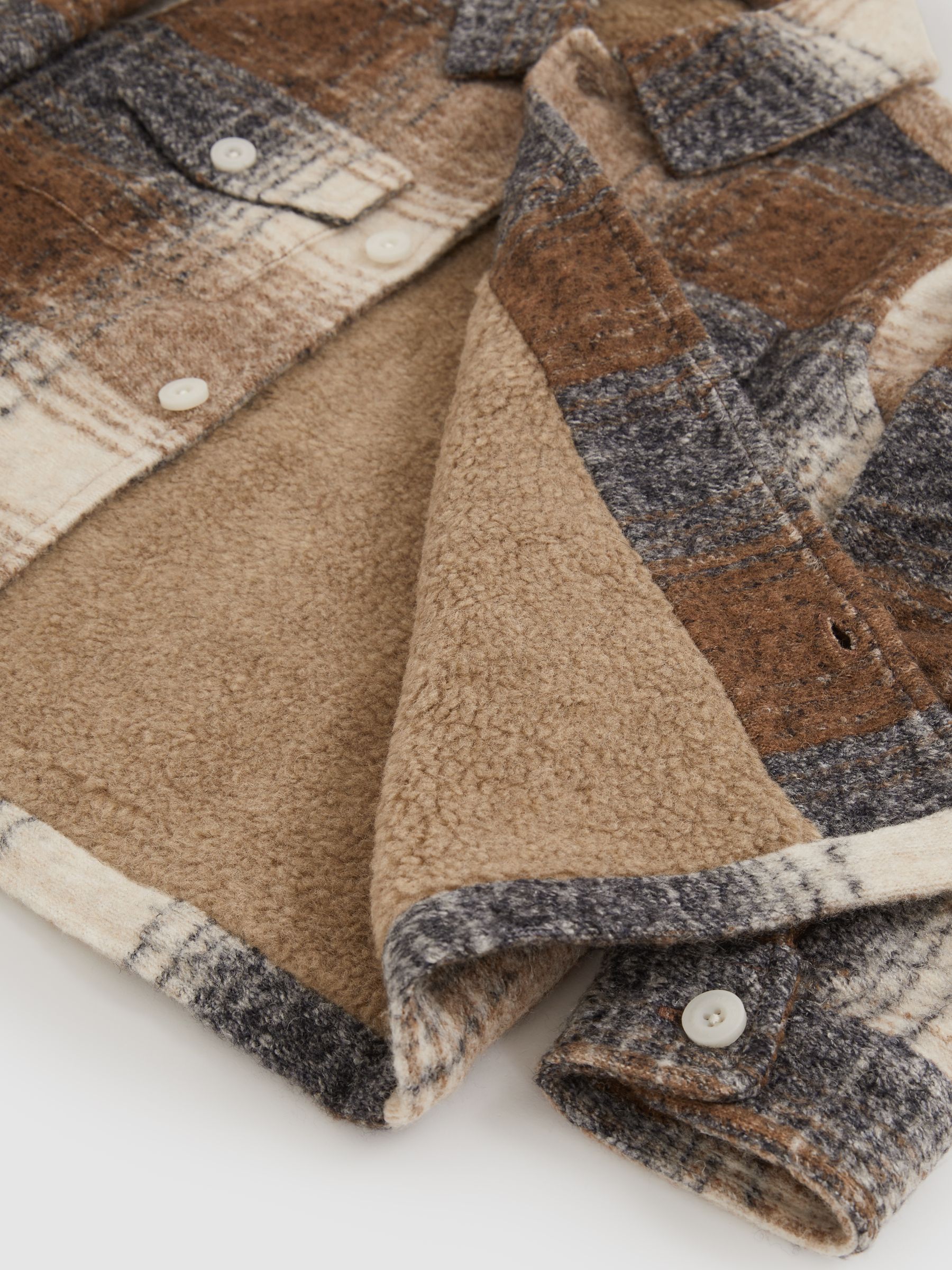 Brushed-Tweed Fleece-Lined Check Overshirt in Brown Melange - Image 4 of 4
