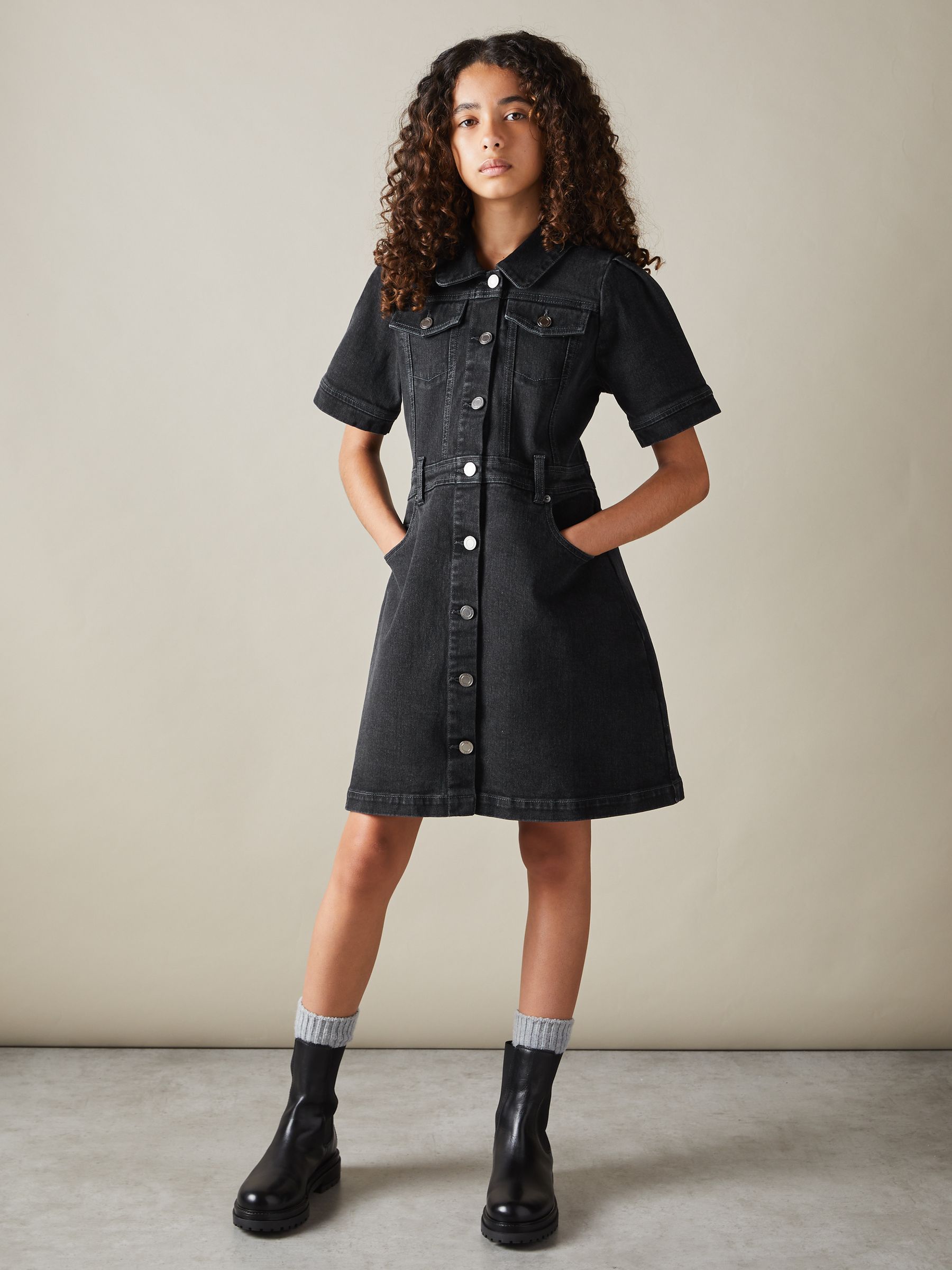 9-13 yrs Button-Front Denim Dress in Grey - Image 3 of 4