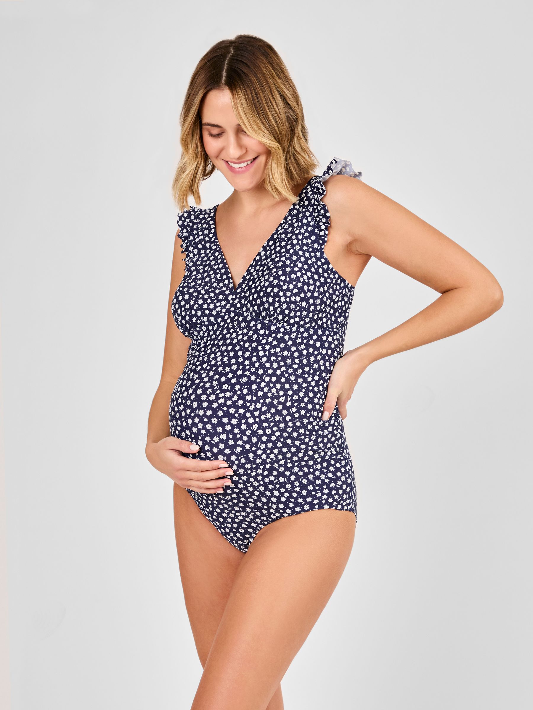 Navy Maternity Ditsy Print Frill Sleeve V-Neck Swimsuit - Image 1 of 6