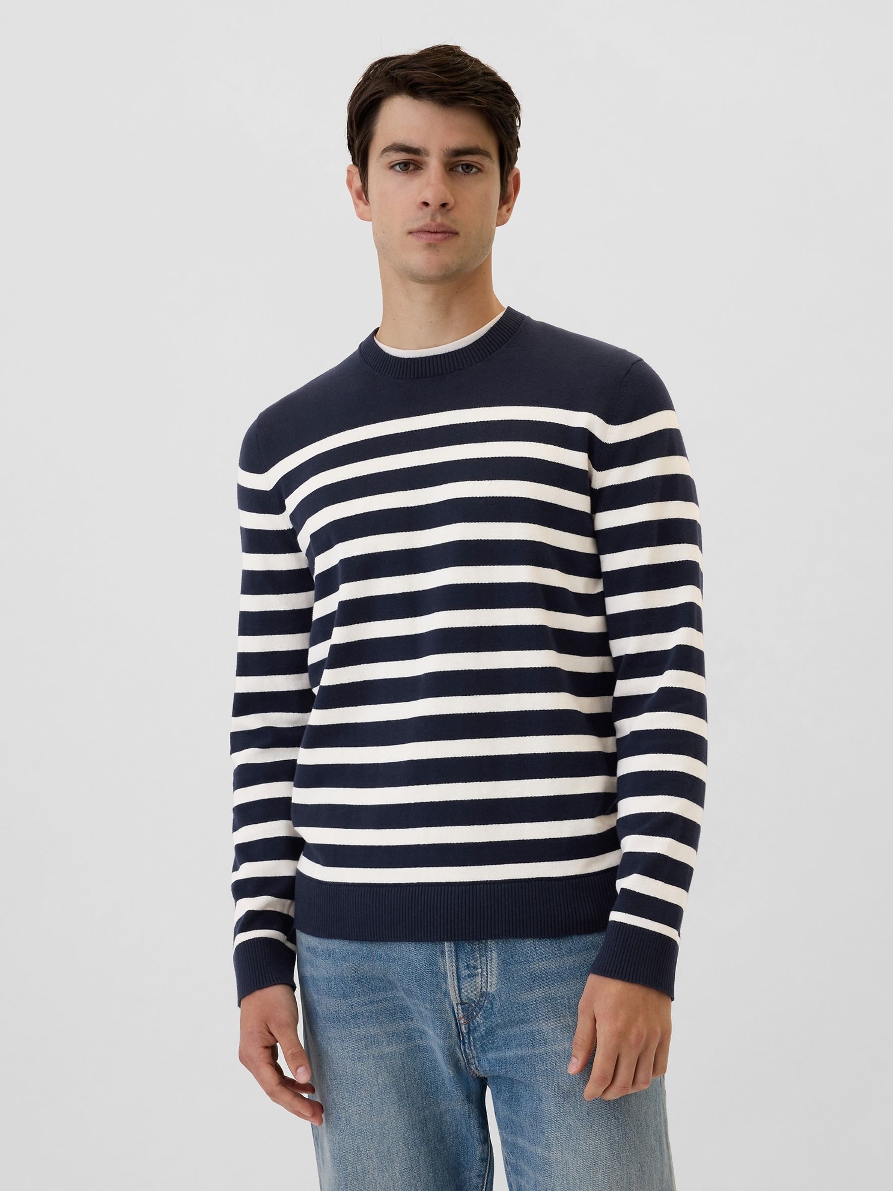 Navy Blue & White Stripe Cotton Knit Crew Neck Jumper - Image 1 of 2