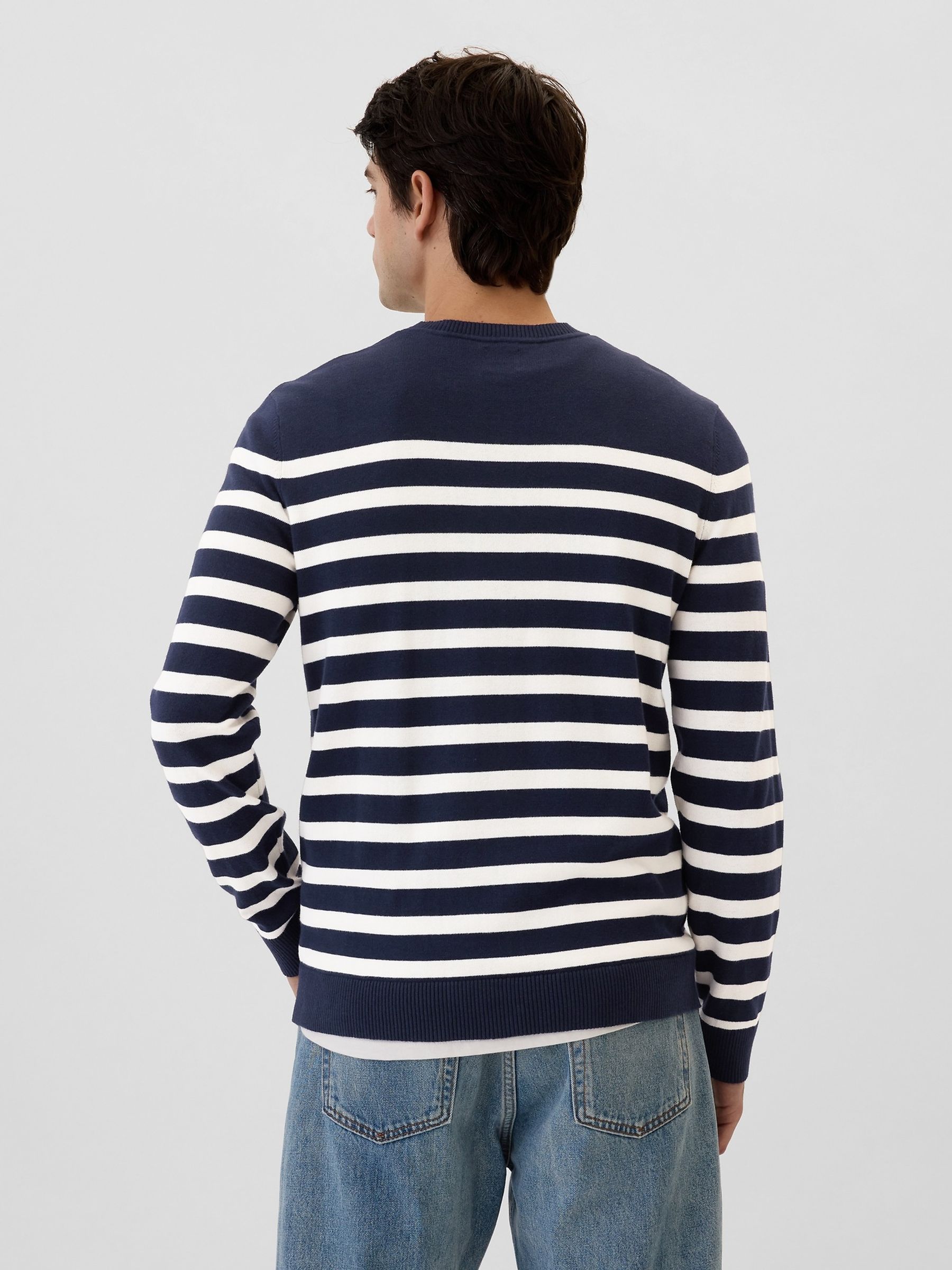 Navy Blue & White Stripe Cotton Knit Crew Neck Jumper - Image 2 of 2