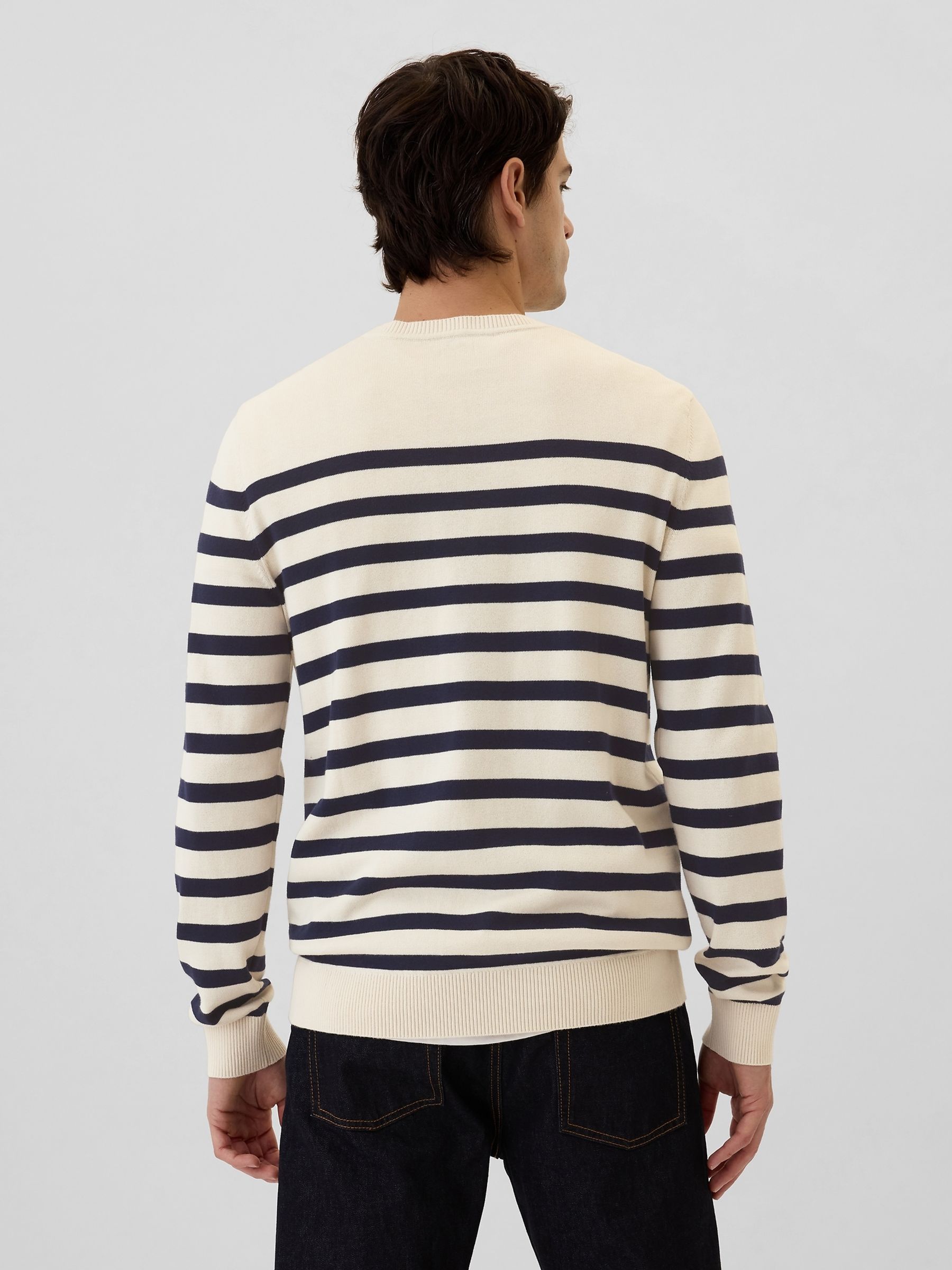 Cream & Navy Blue Stripe Cotton Knit Crew Neck Jumper - Image 2 of 4