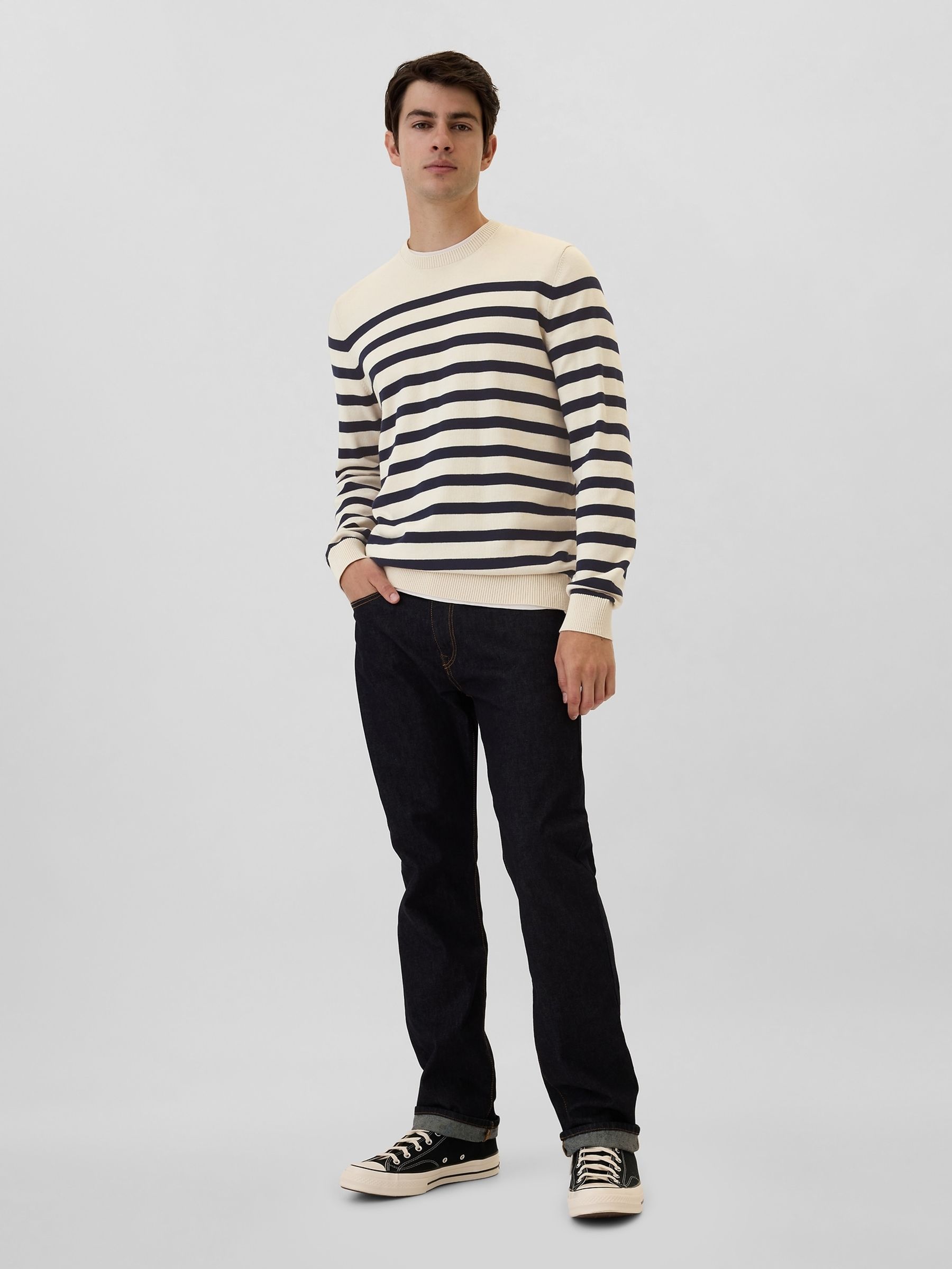 Cream & Navy Blue Stripe Cotton Knit Crew Neck Jumper - Image 3 of 4