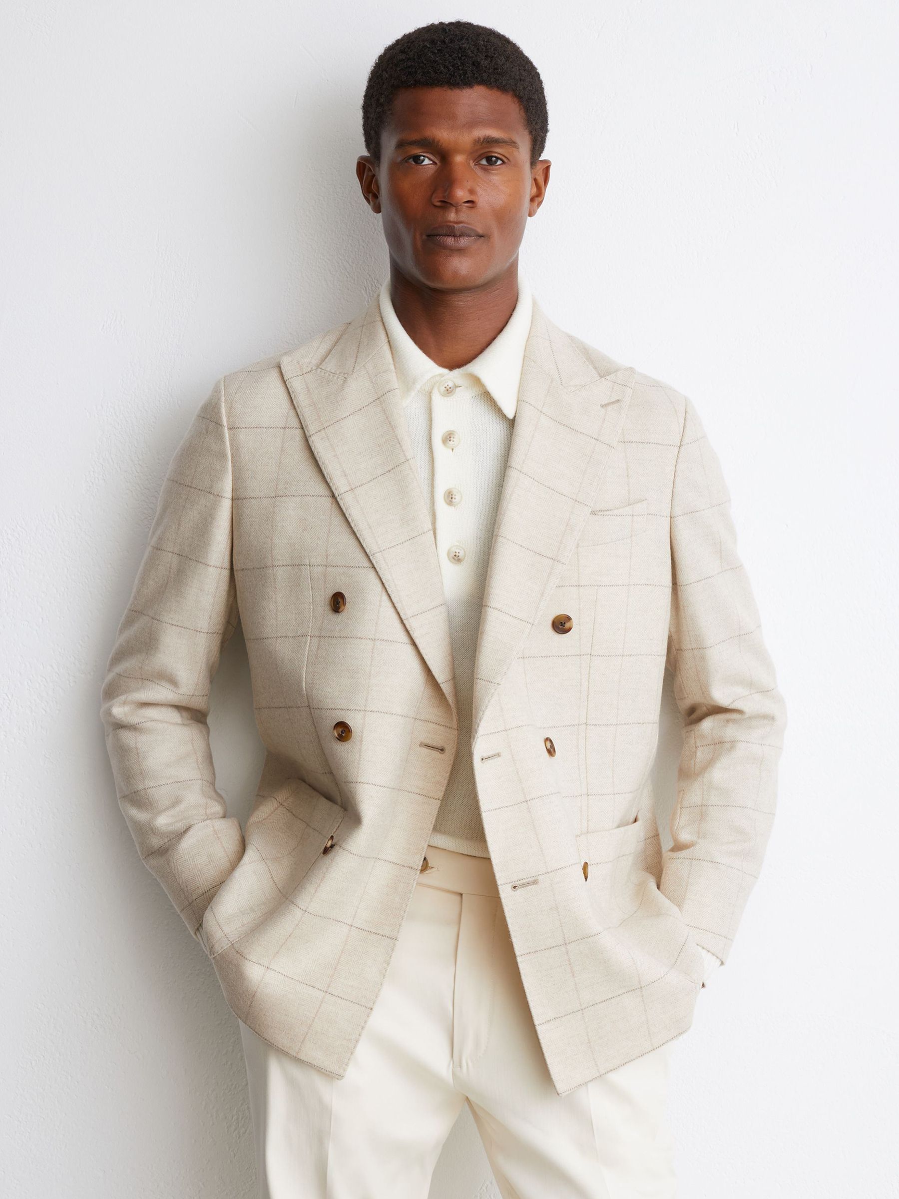 Classic Fit Wool Windowpane-Check Double-Breasted Blazer in Light Oatmeal - Image 1 of 10