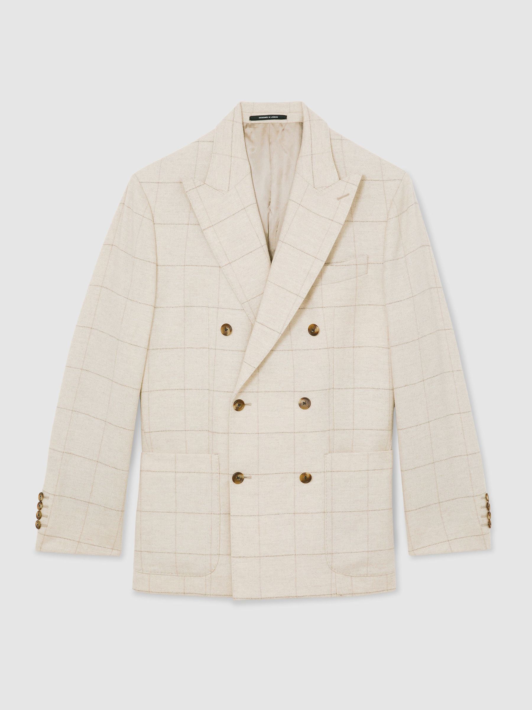 Classic Fit Wool Windowpane-Check Double-Breasted Blazer in Light Oatmeal - Image 2 of 10