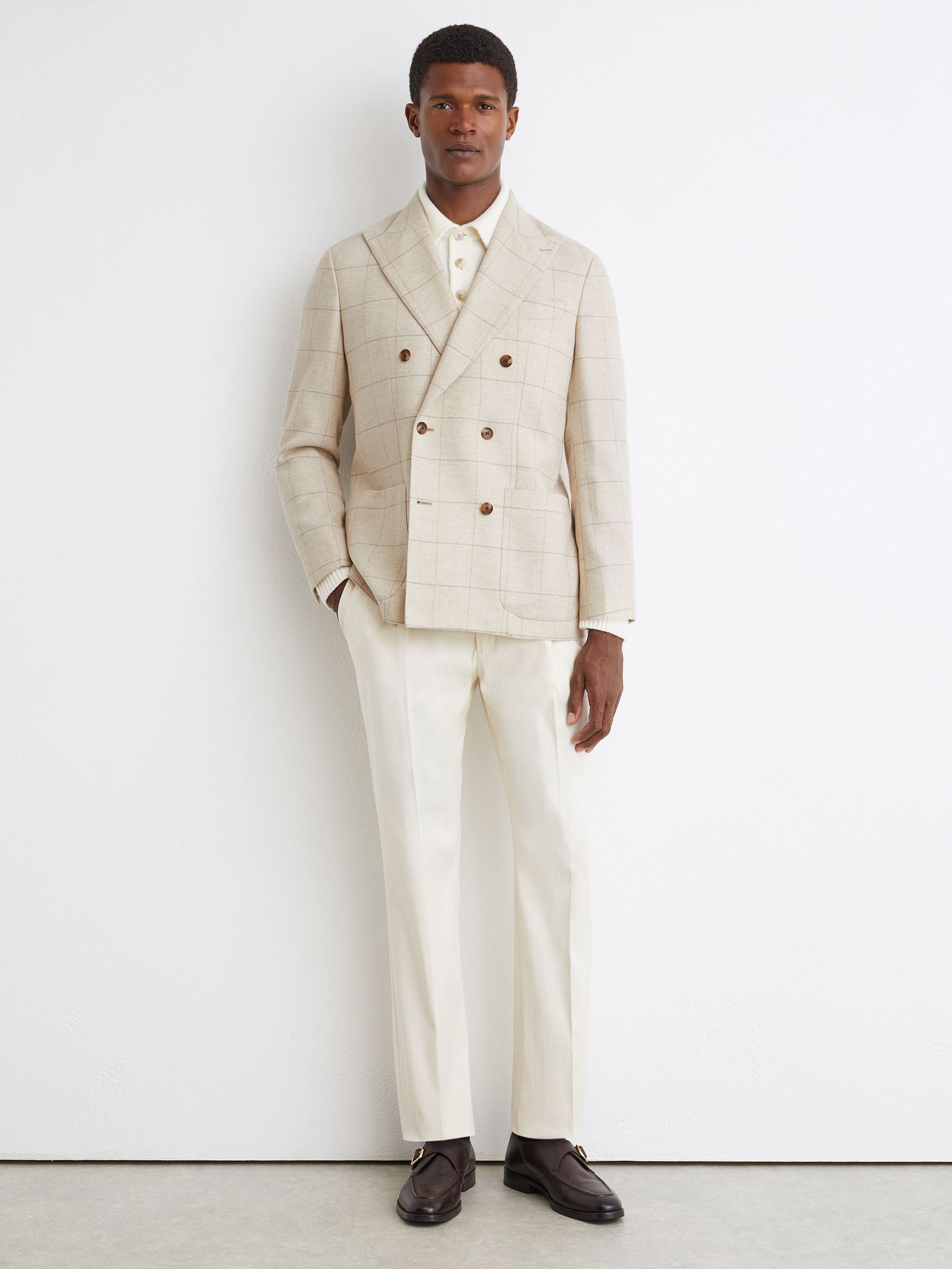 Classic Fit Wool Windowpane-Check Double-Breasted Blazer in Light Oatmeal - Image 4 of 10