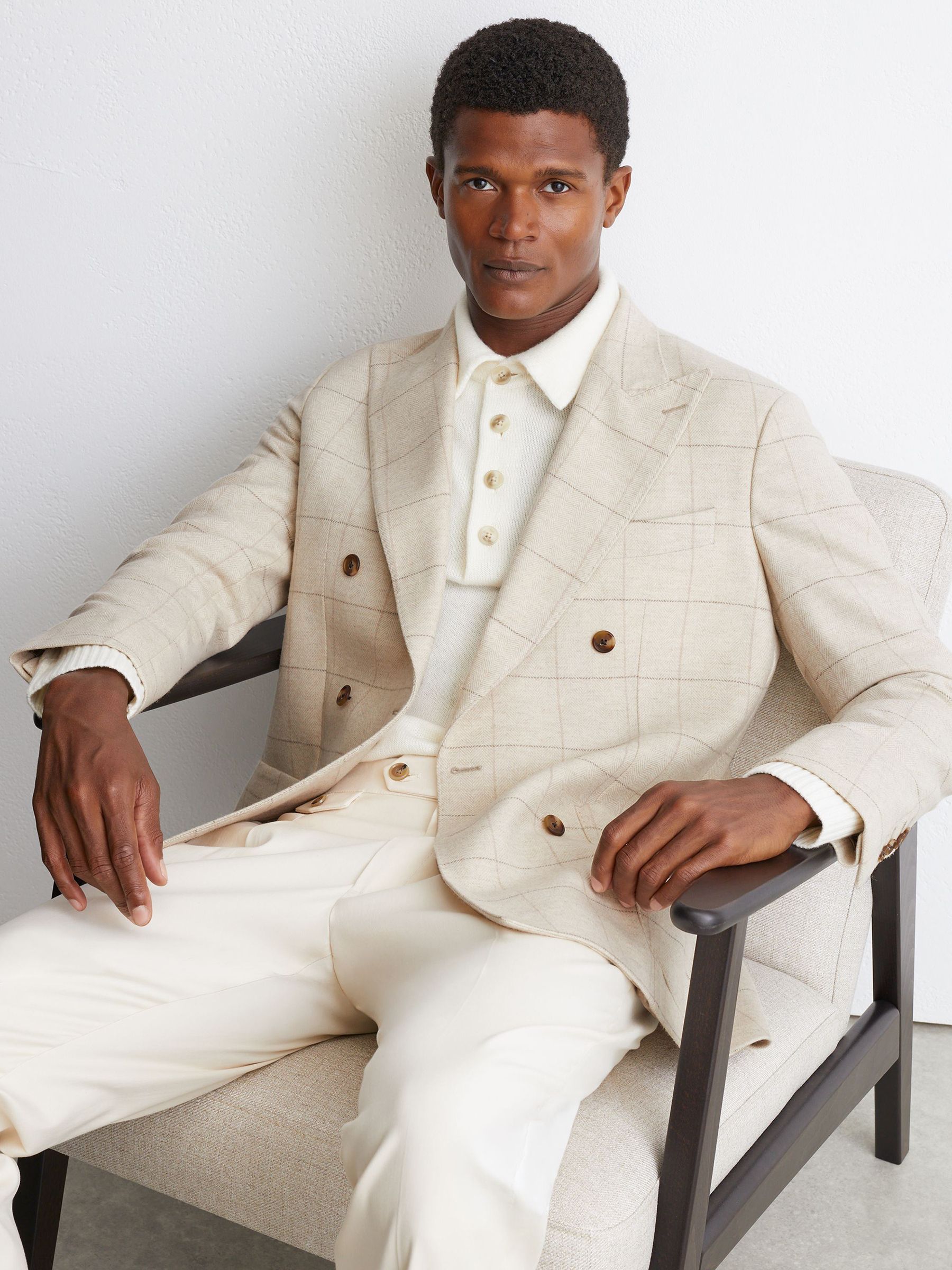 Classic Fit Wool Windowpane-Check Double-Breasted Blazer in Light Oatmeal - Image 5 of 10