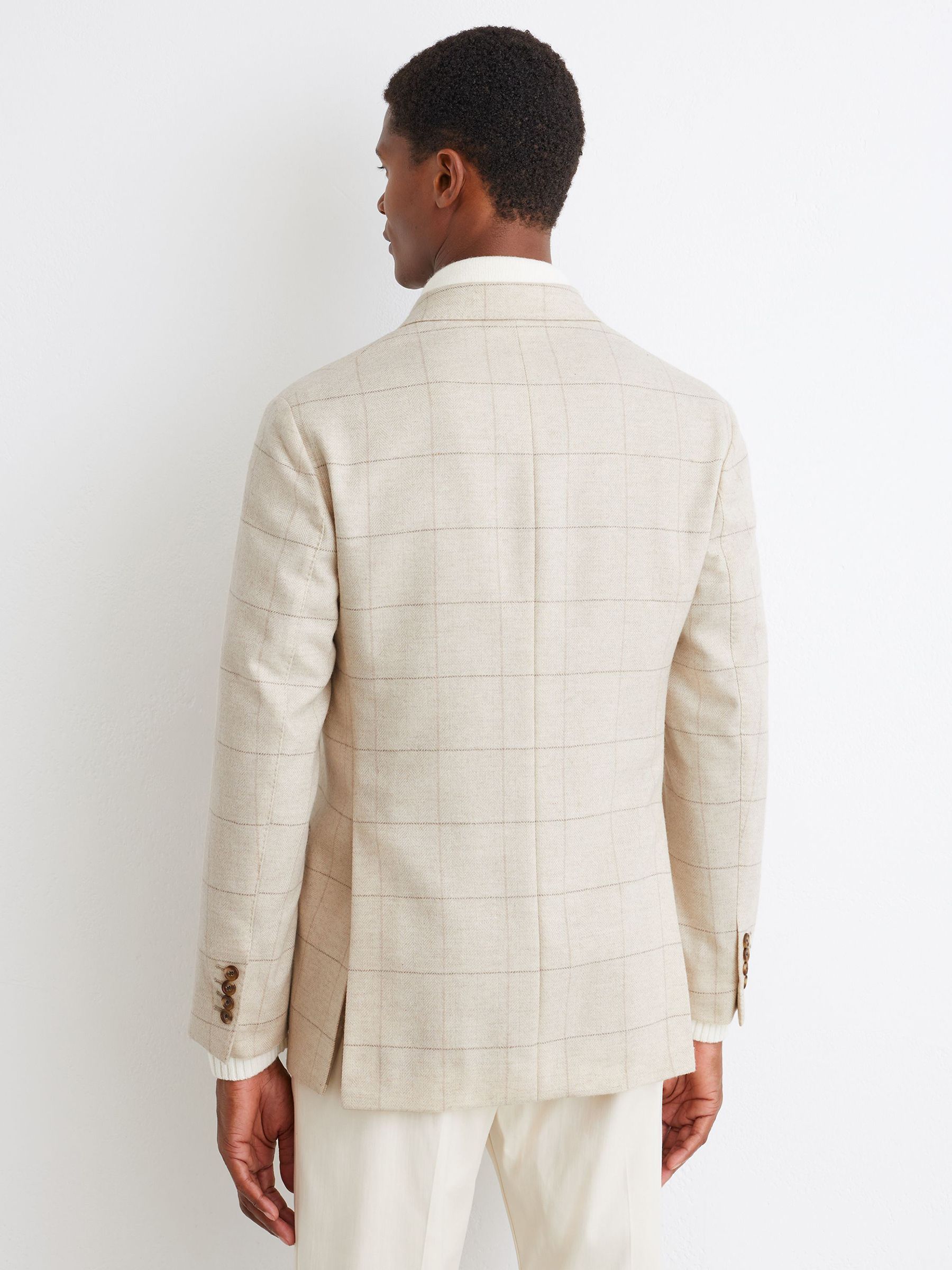 Classic Fit Wool Windowpane-Check Double-Breasted Blazer in Light Oatmeal - Image 9 of 10