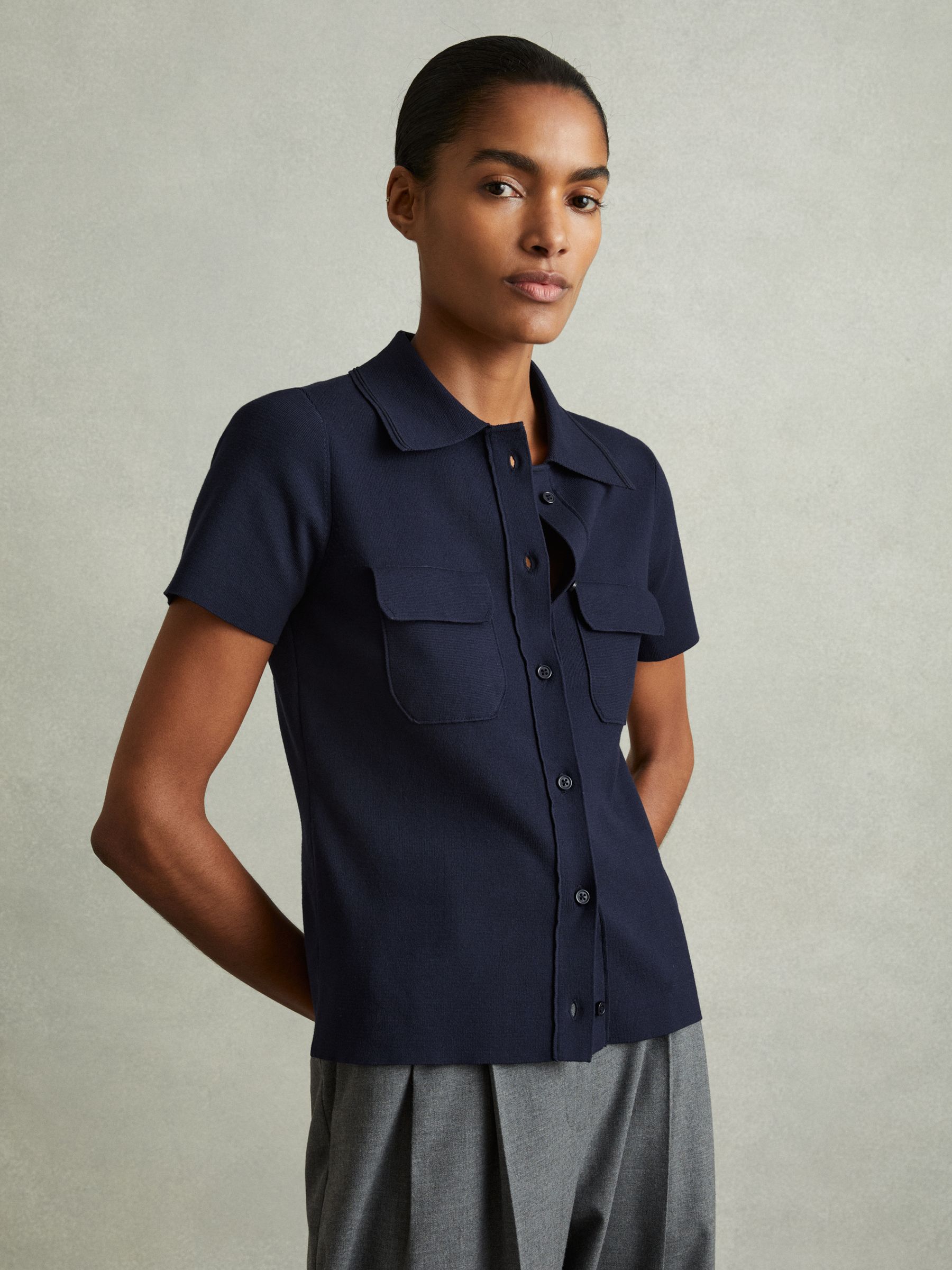 Knitted Polo Shirt in Navy - Image 4 of 6