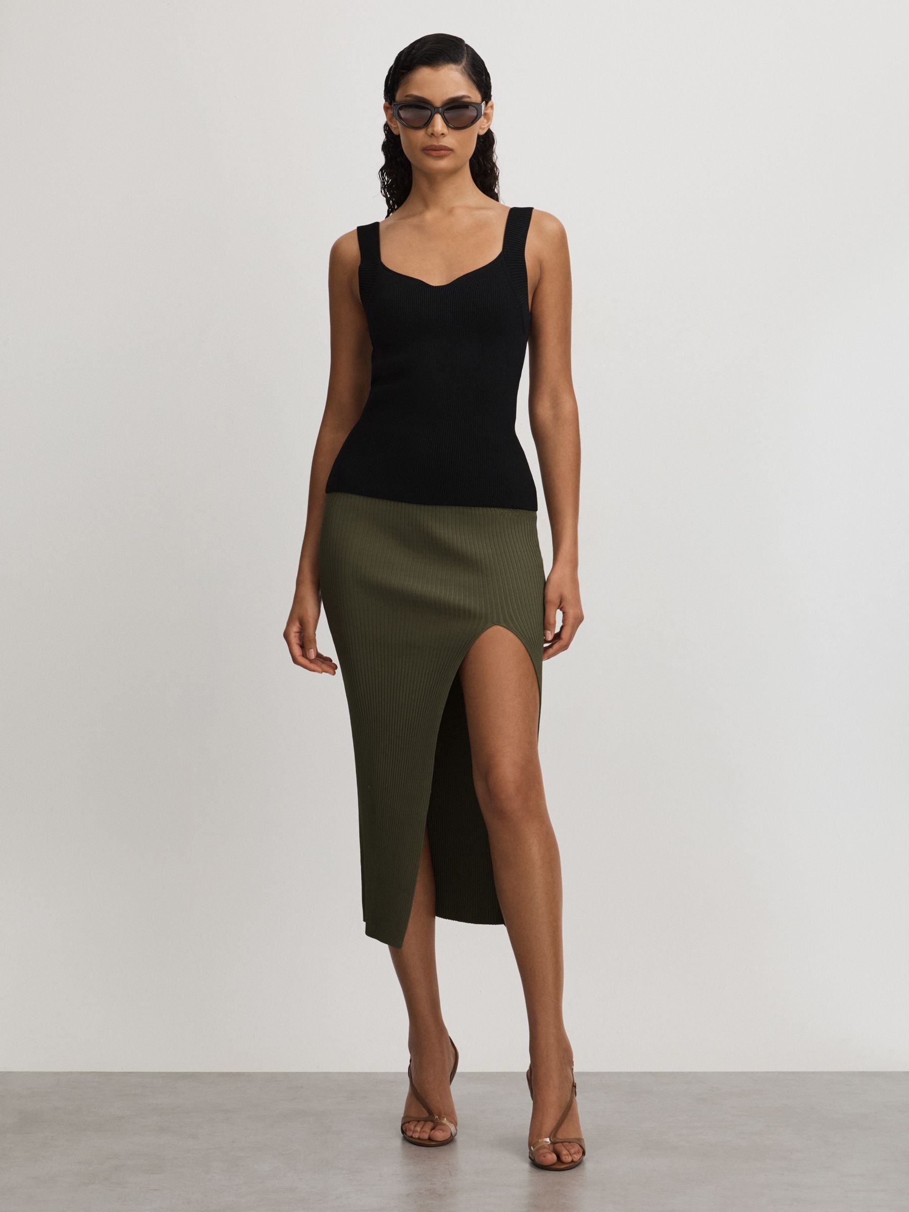 Good American Ribbed Midi Skirt in Army Green - Image 1 of 5