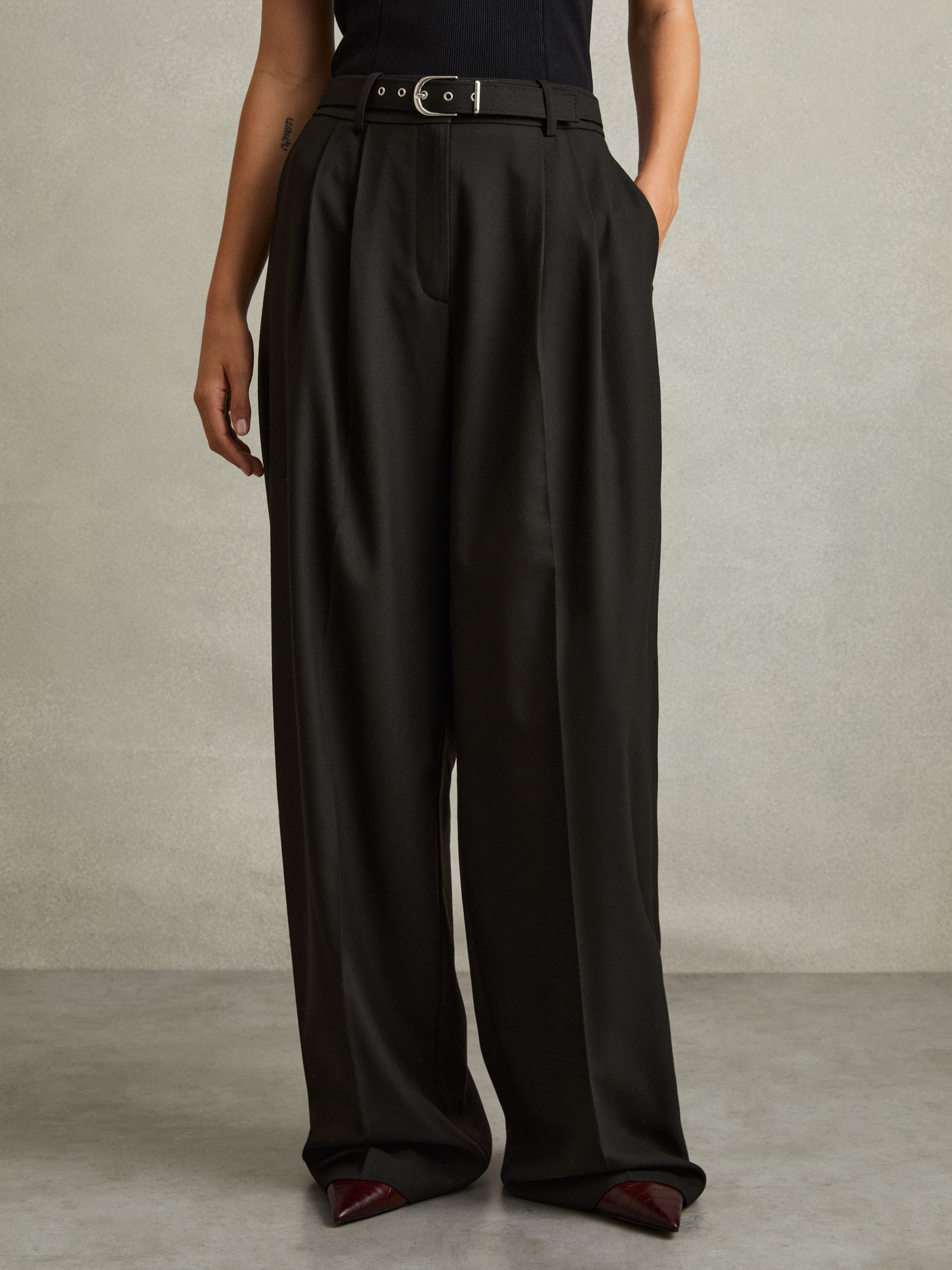 Petite Belted Wide Leg Trousers in Black - Image 1 of 6