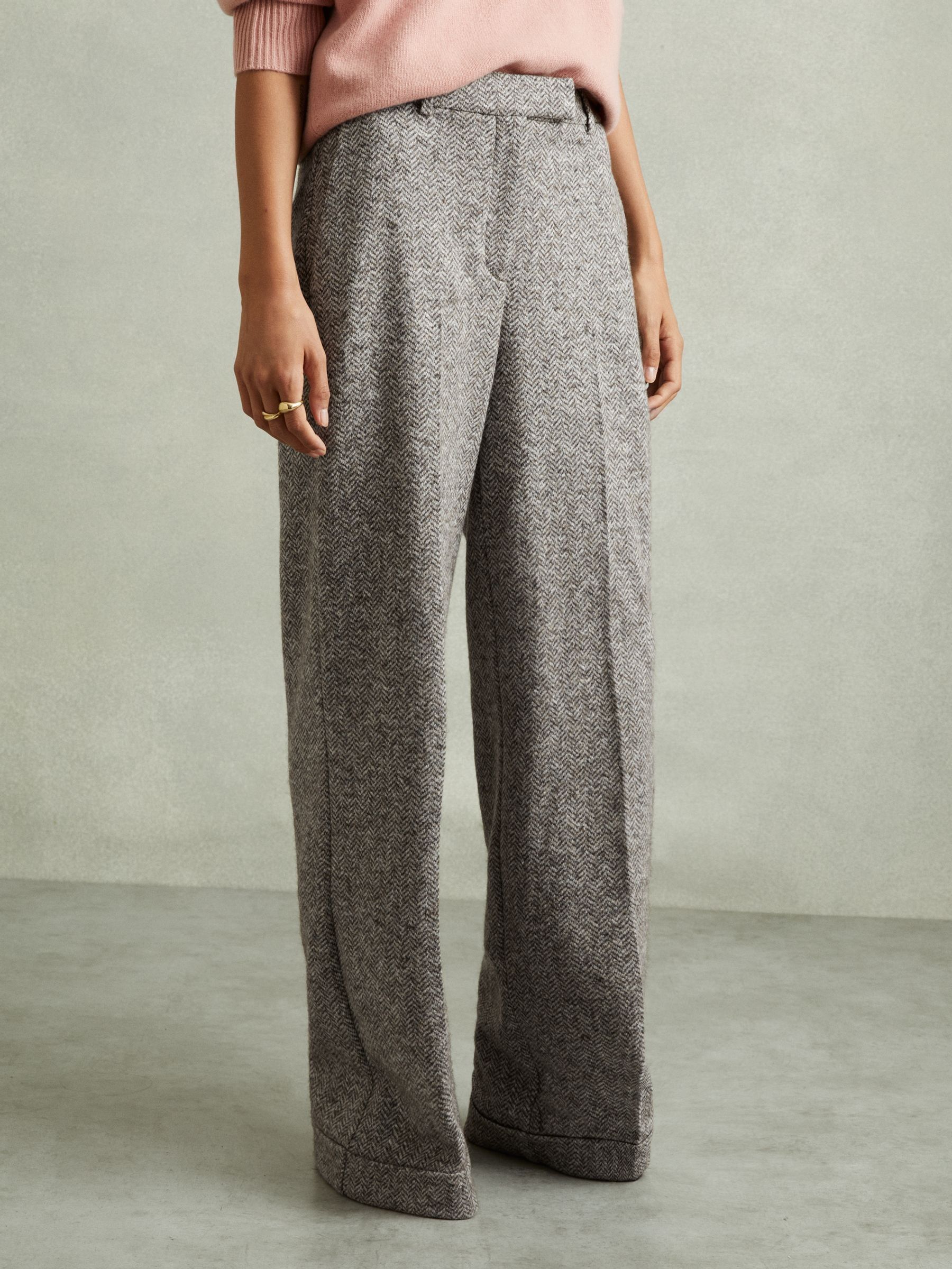 Petite Textured Wool Blend Wide Leg Suit Trousers in Grey - Image 1 of 7