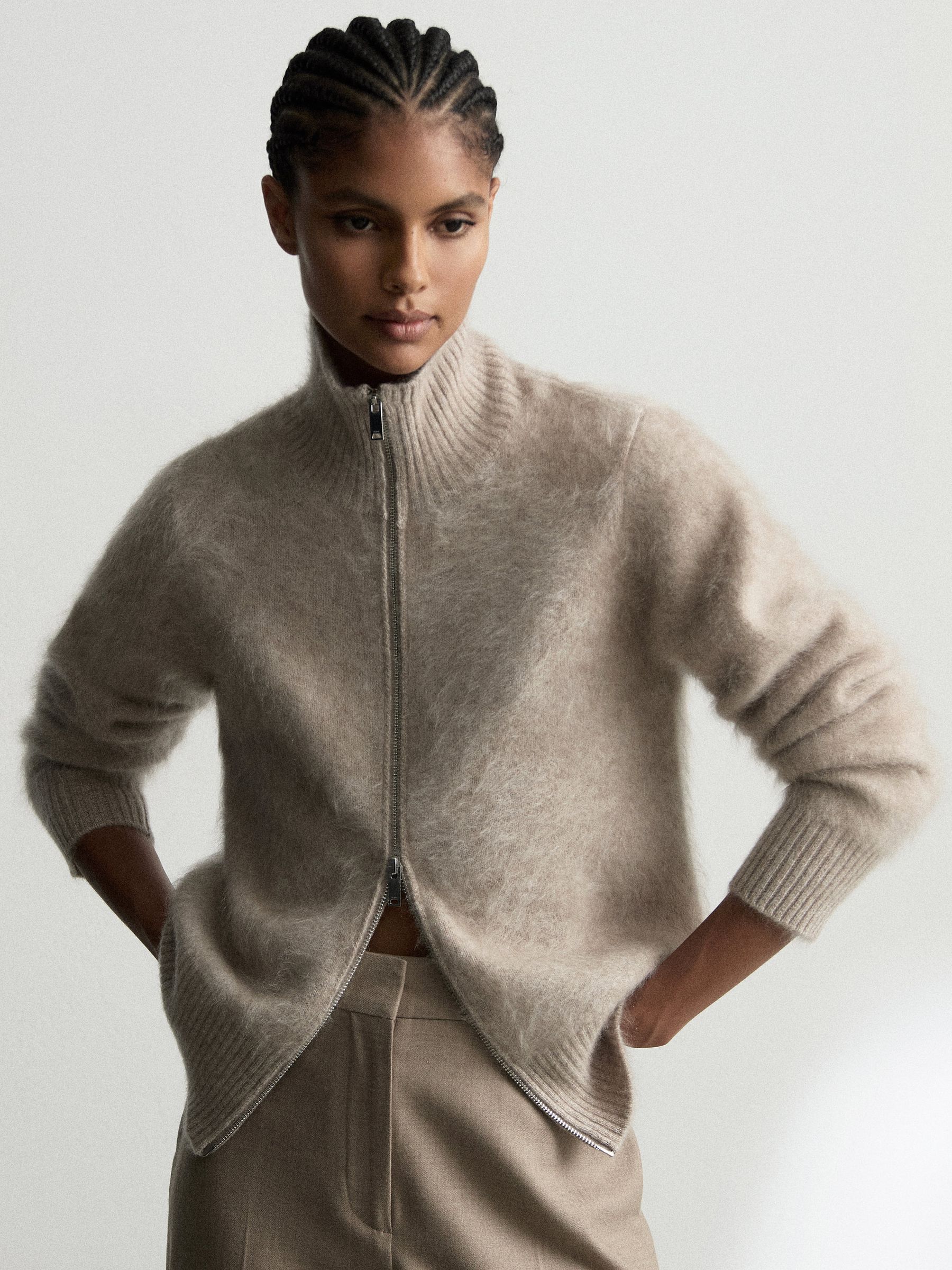 Brushed Cashmere Zip-Through Cardigan in Neutral - Image 1 of 10 Brushed Cashmere Zip-Through Cardigan in Neutral - Image 1 of 10