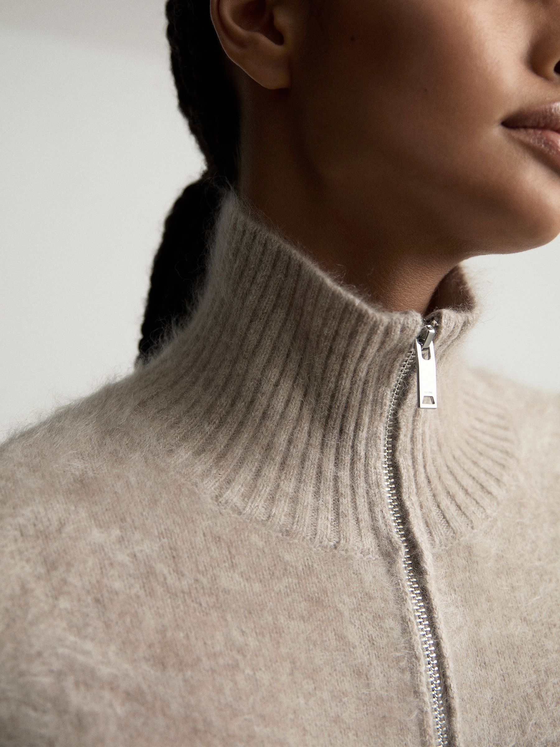 Brushed Cashmere Zip-Through Cardigan in Neutral - Image 3 of 10