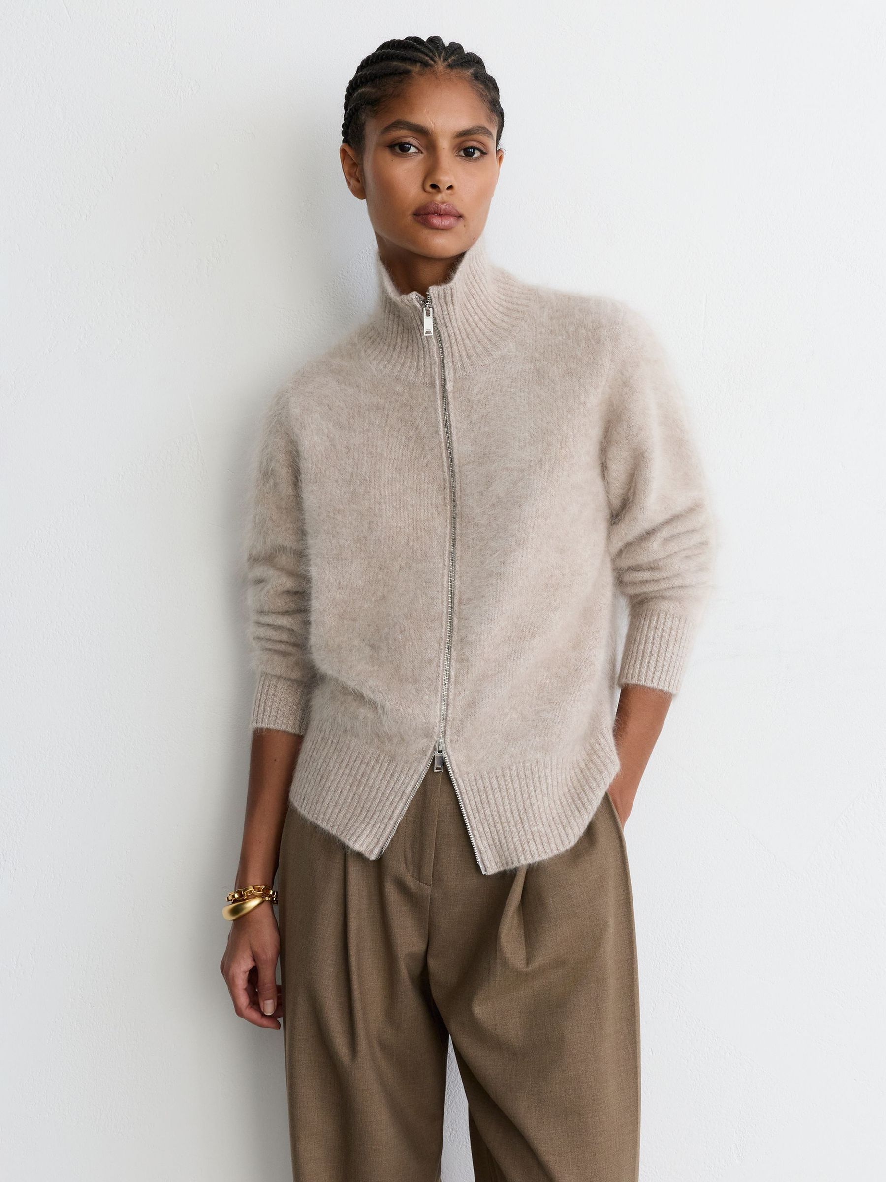 Brushed Cashmere Zip-Through Cardigan in Neutral - Image 5 of 10