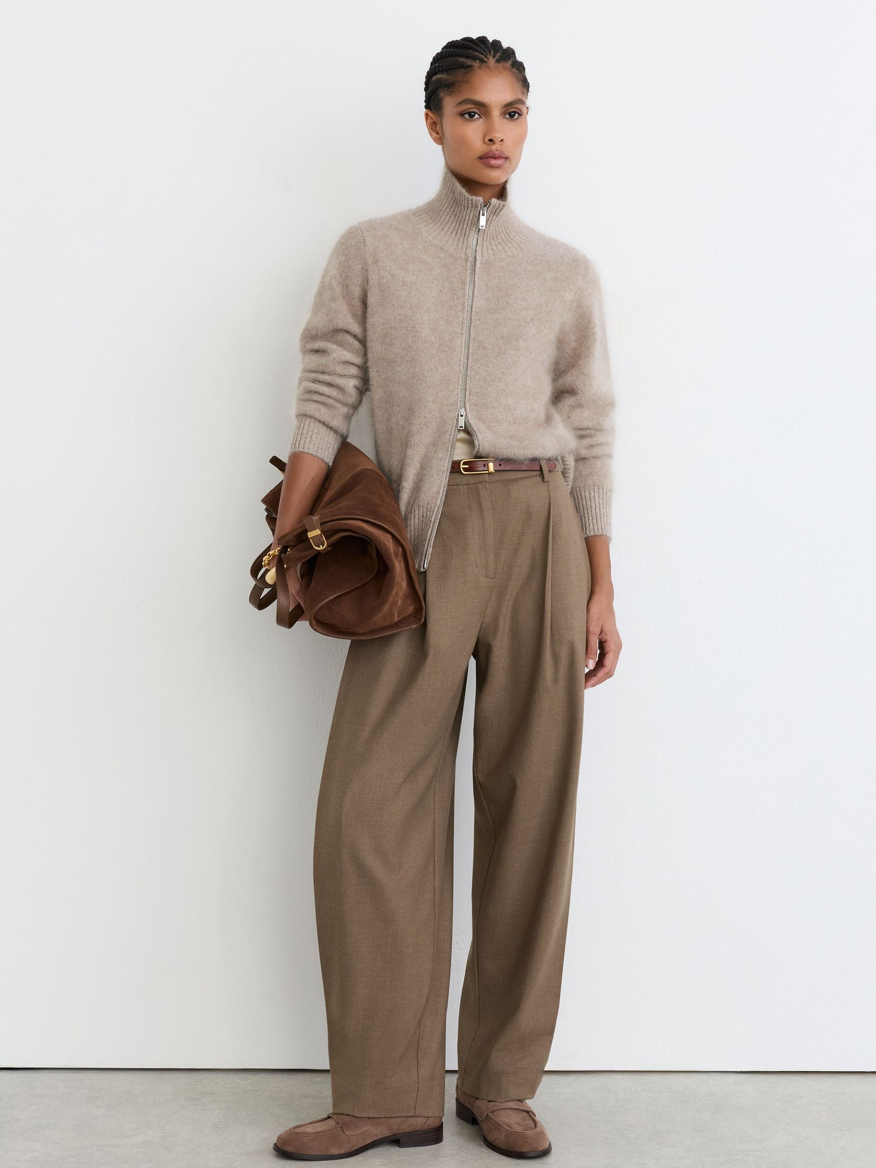 Brushed Cashmere Zip-Through Cardigan in Neutral - Image 6 of 10