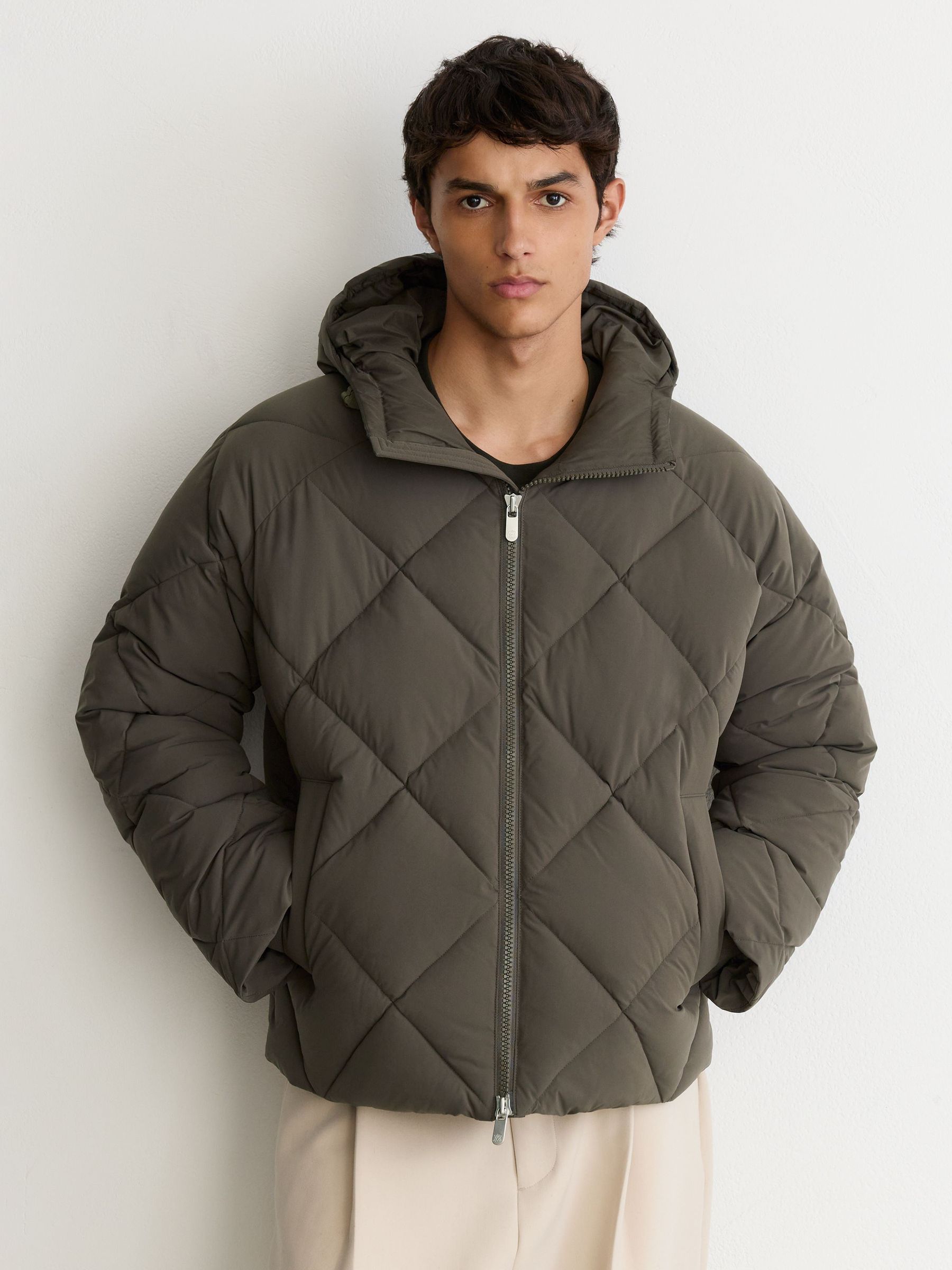 Monogram Quilted Puffer Jacket with Hood in Khaki Green - Image 10 of 11