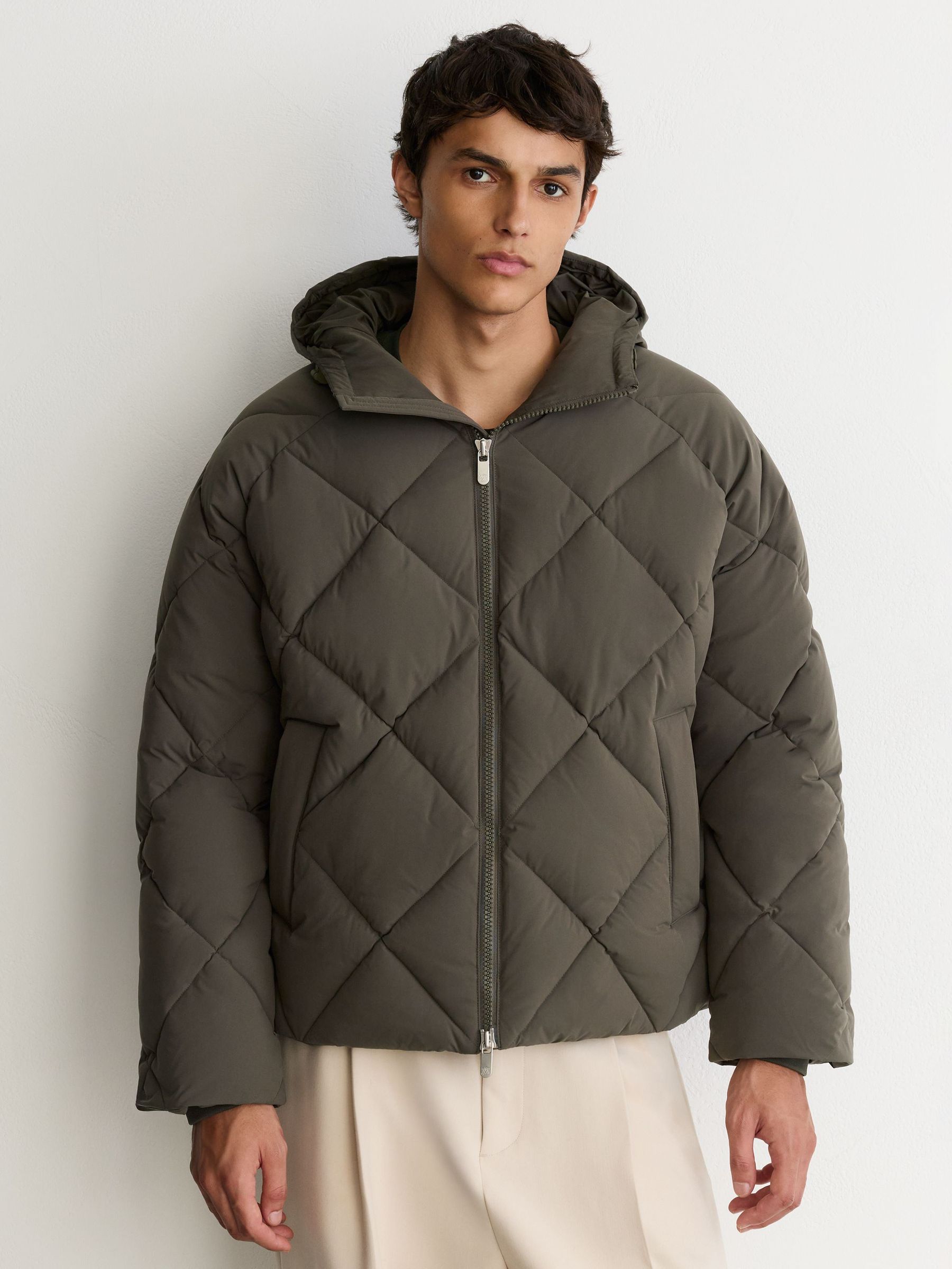 Monogram Quilted Puffer Jacket with Hood in Khaki Green - Image 3 of 11