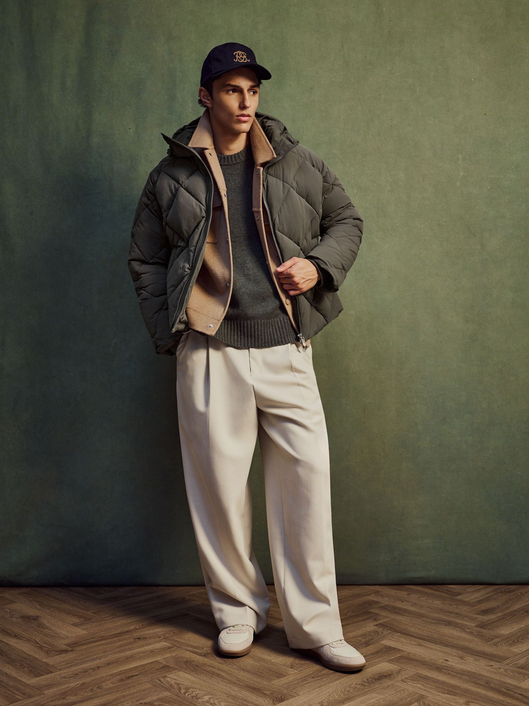 Monogram Quilted Puffer Jacket with Hood in Khaki Green - Image 4 of 11
