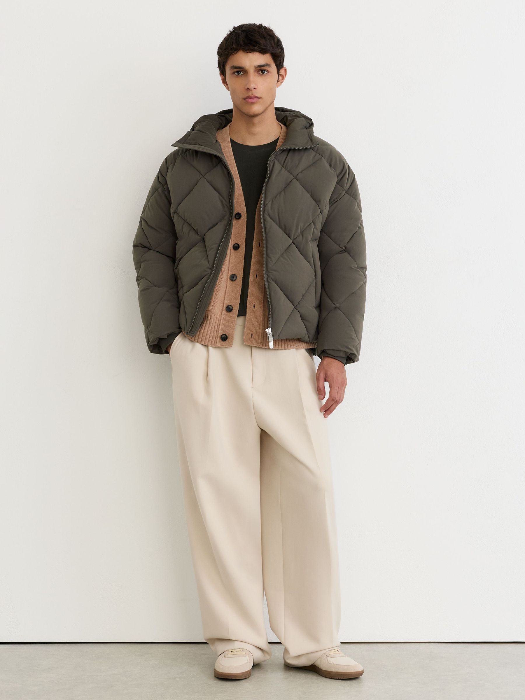 Monogram Quilted Puffer Jacket with Hood in Khaki Green - Image 6 of 11