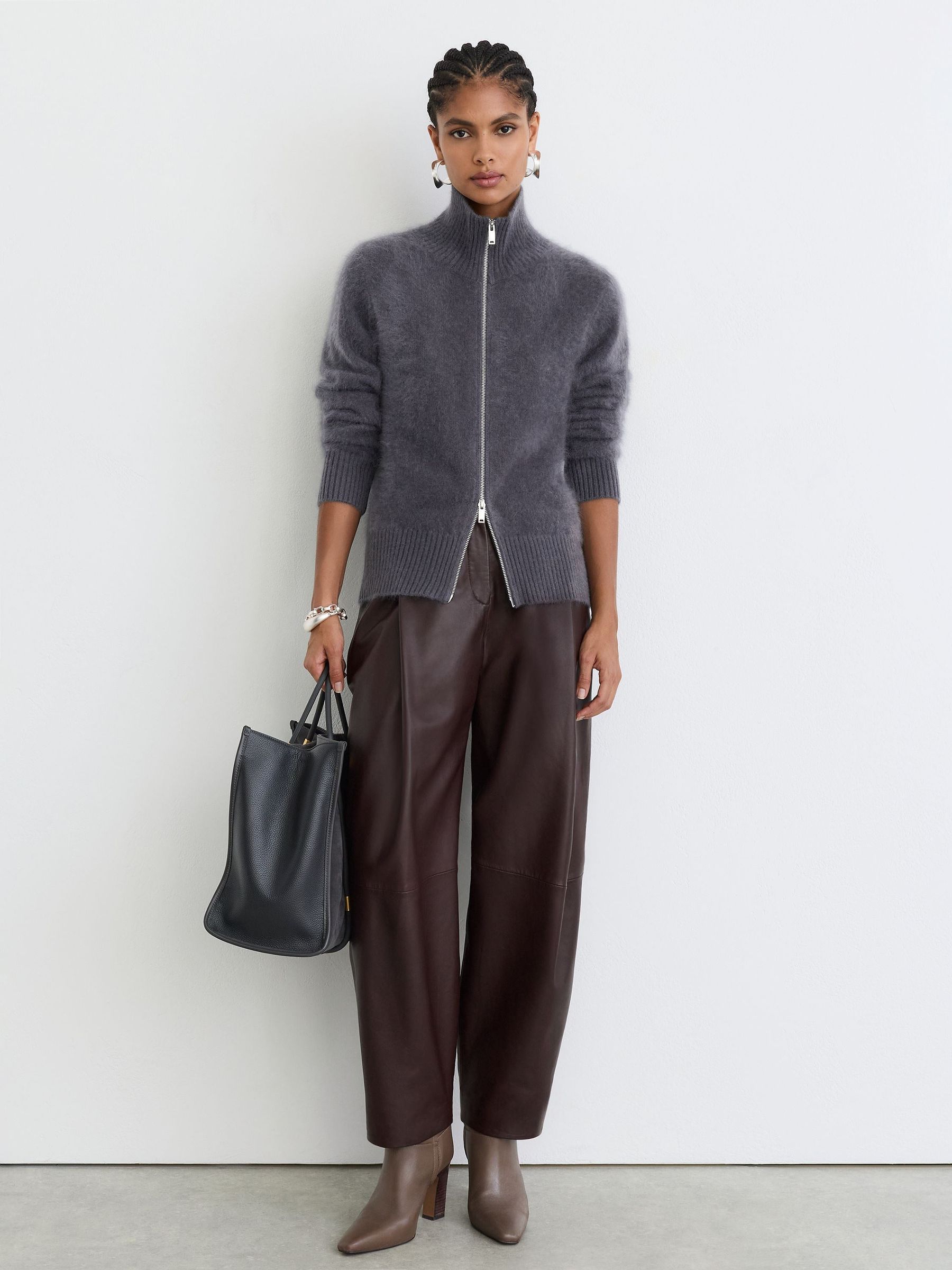 Brushed Cashmere Zip-Through Cardigan in Charcoal Grey - Image 5 of 9