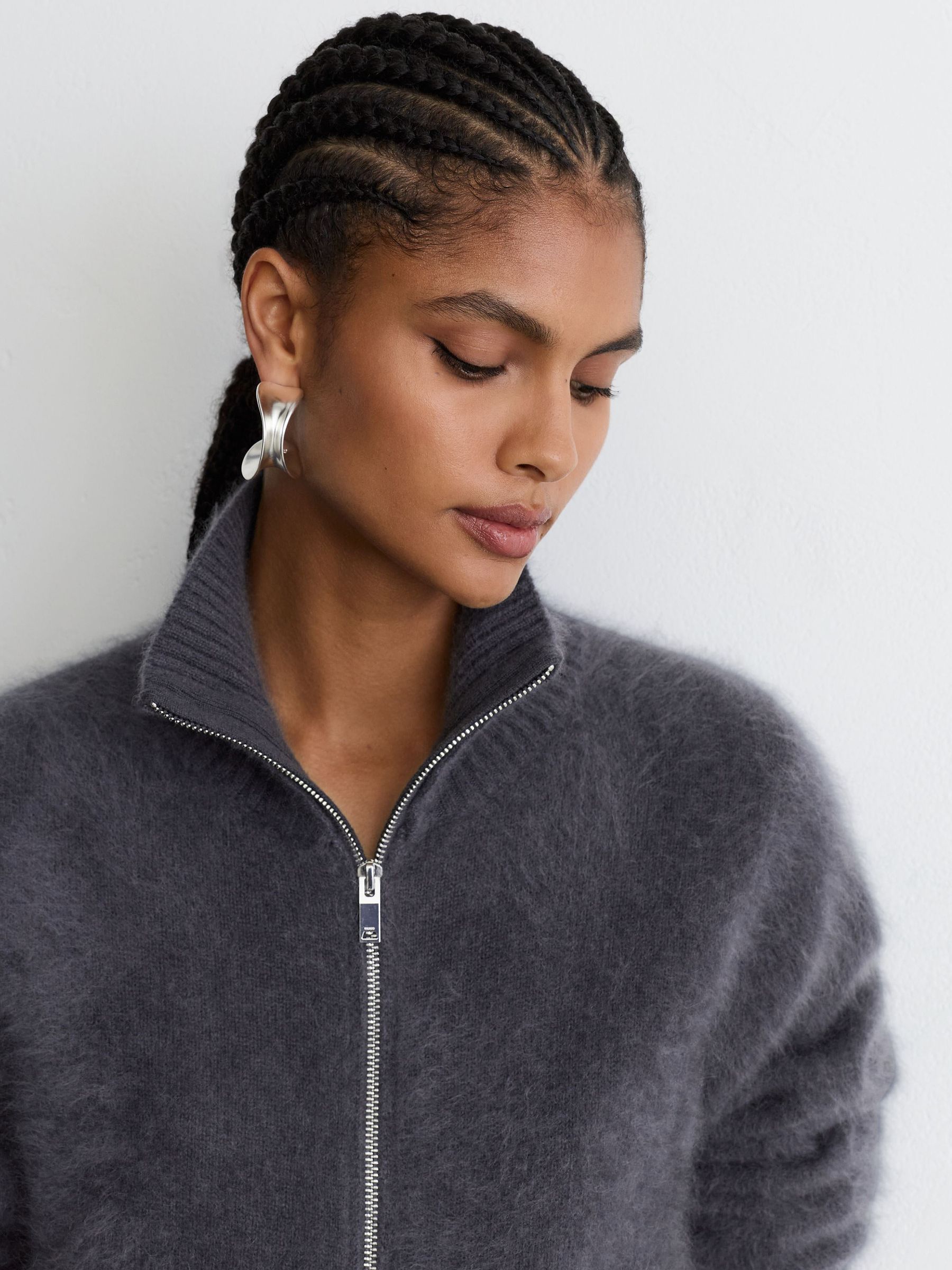 Brushed Cashmere Zip-Through Cardigan in Charcoal Grey - Image 6 of 9