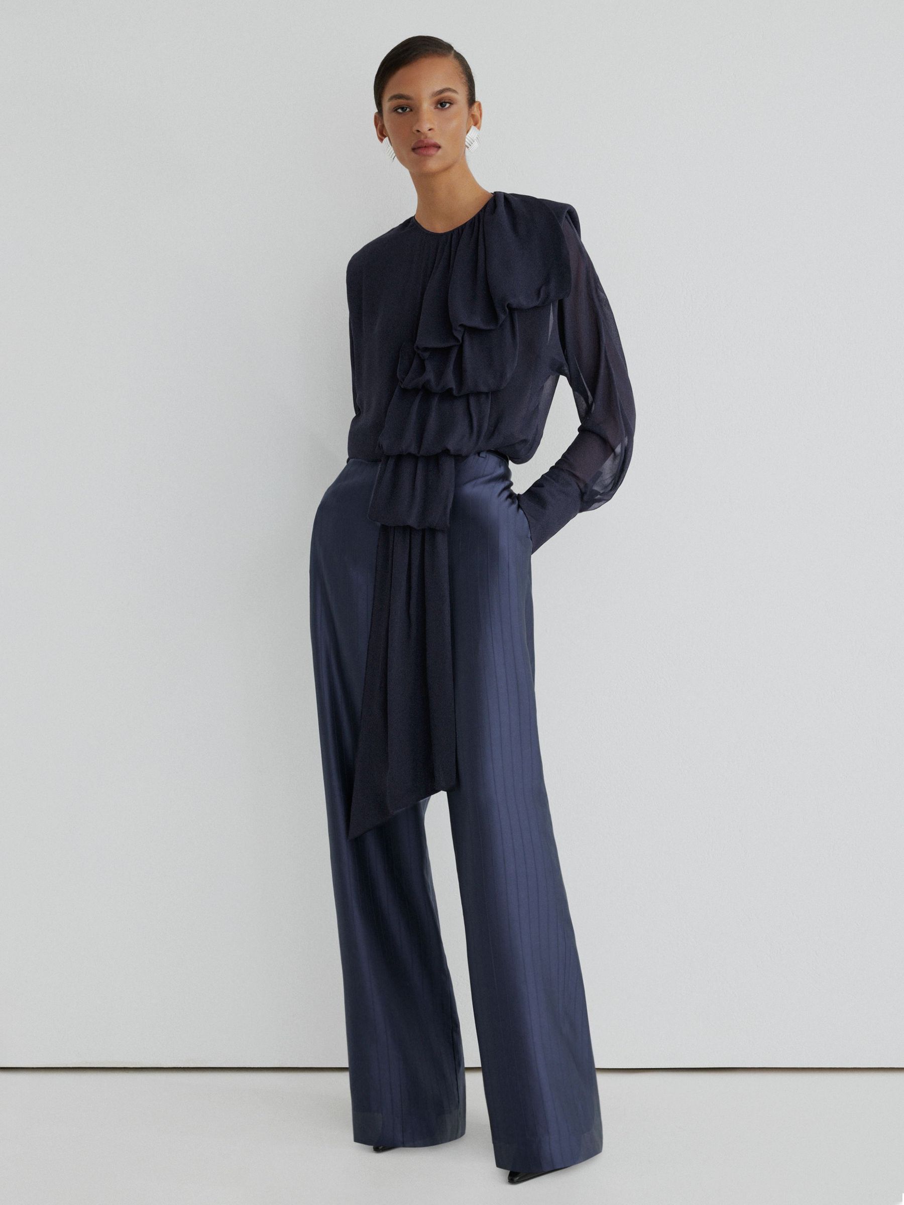 Atelier Sheer Draped Ruffle-Detail Blouse in Navy by Reiss