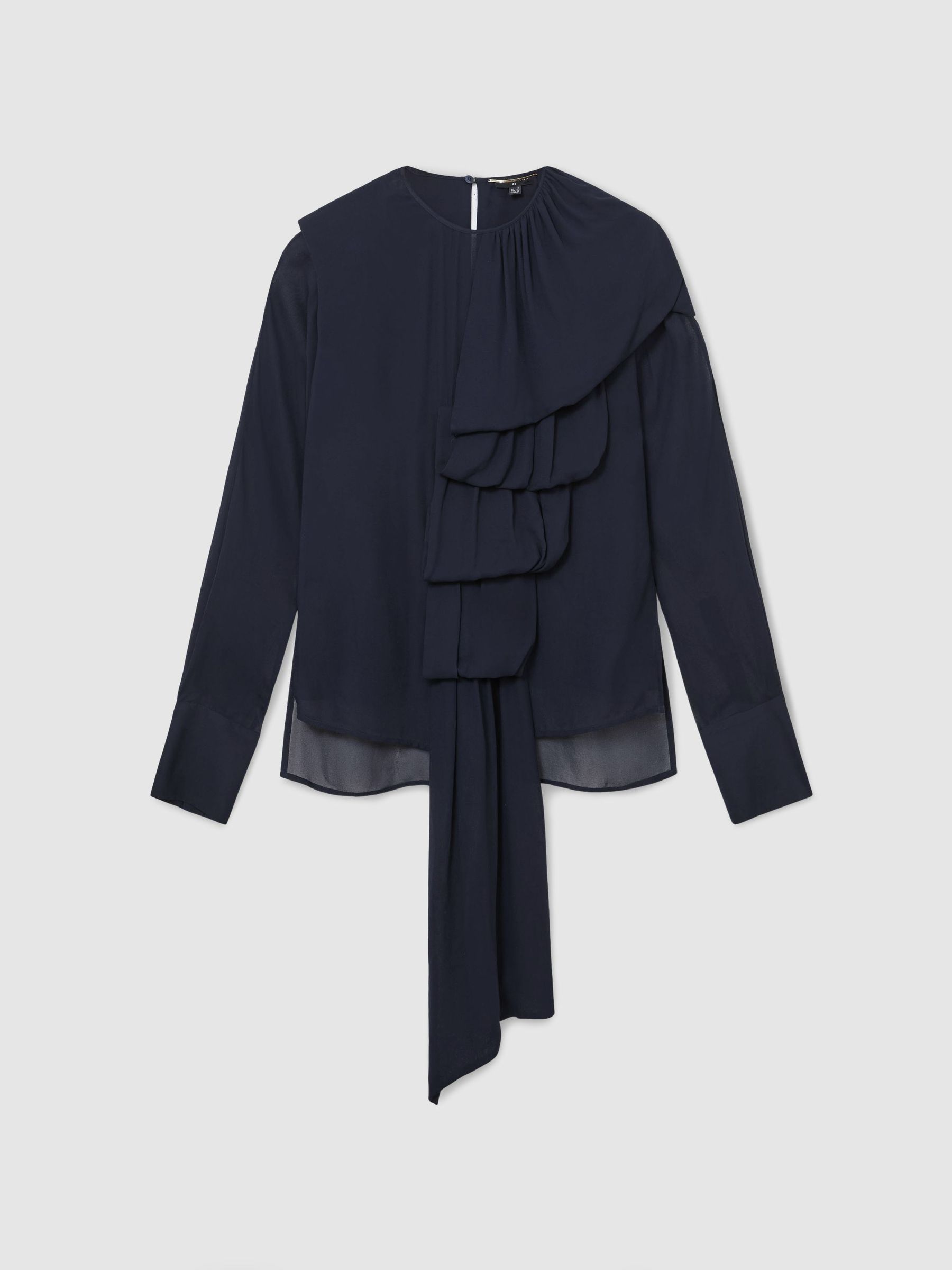 Atelier Sheer Draped Ruffle-Detail Blouse in Navy - Image 2 of 7