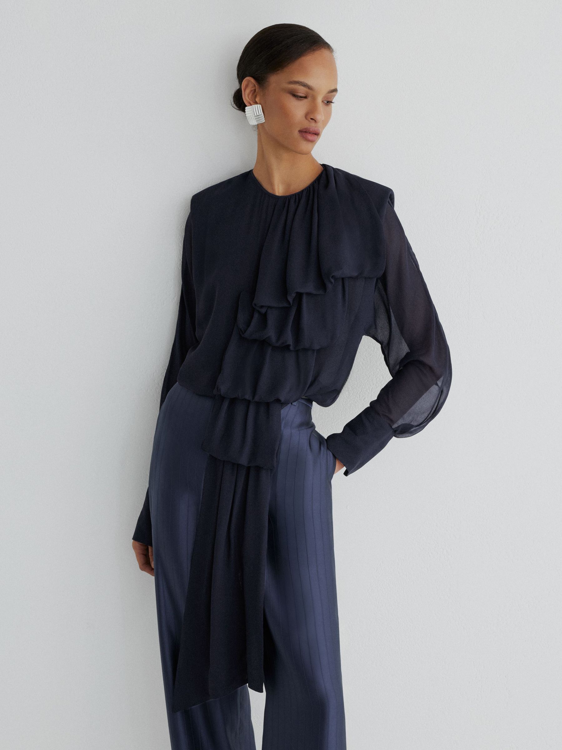 Atelier Sheer Draped Ruffle-Detail Blouse in Navy - Image 3 of 7
