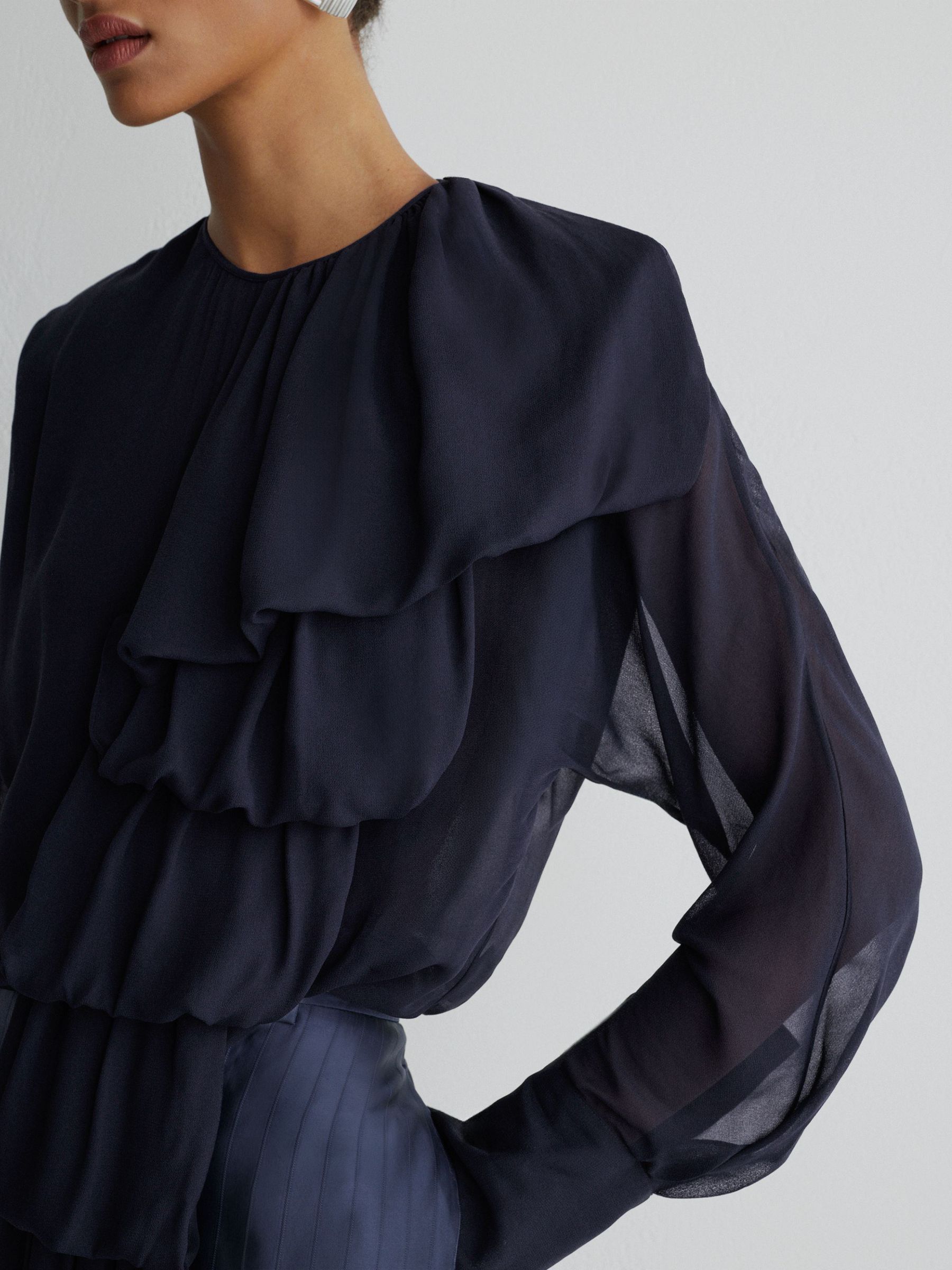 Atelier Sheer Draped Ruffle-Detail Blouse in Navy - Image 4 of 7