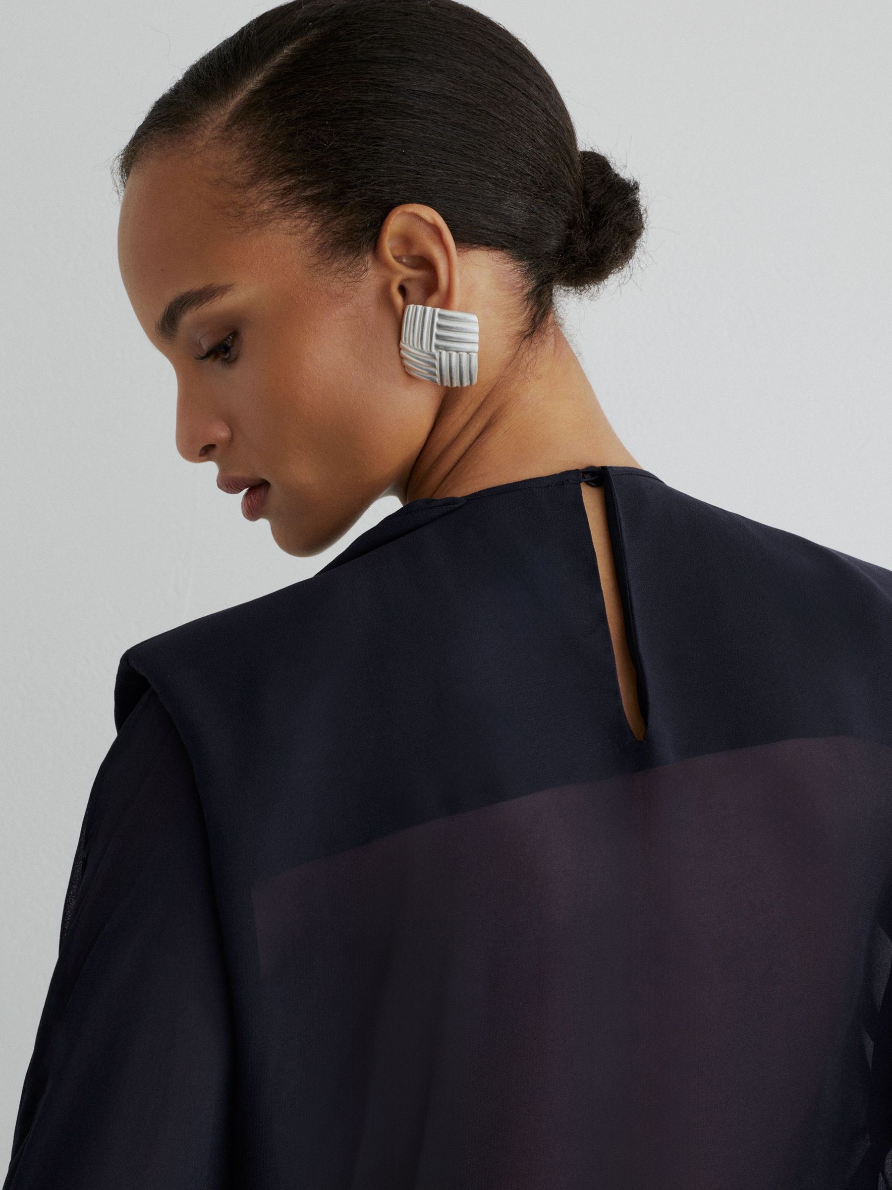 Atelier Sheer Draped Ruffle-Detail Blouse in Navy - Image 5 of 7