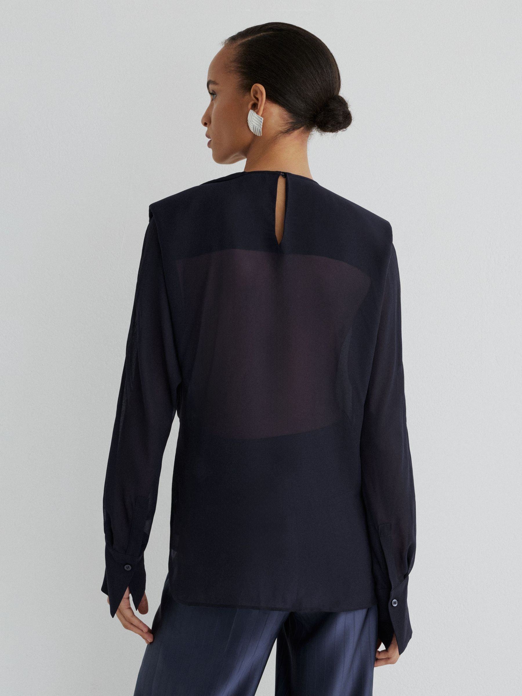 Atelier Sheer Draped Ruffle-Detail Blouse in Navy - Image 6 of 7