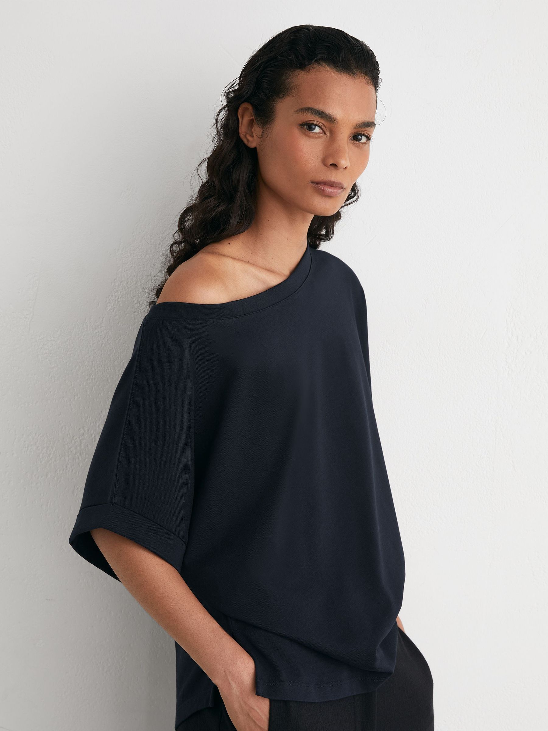 Cotton Off-Shoulder T-Shirt in Navy - Image 1 of 5