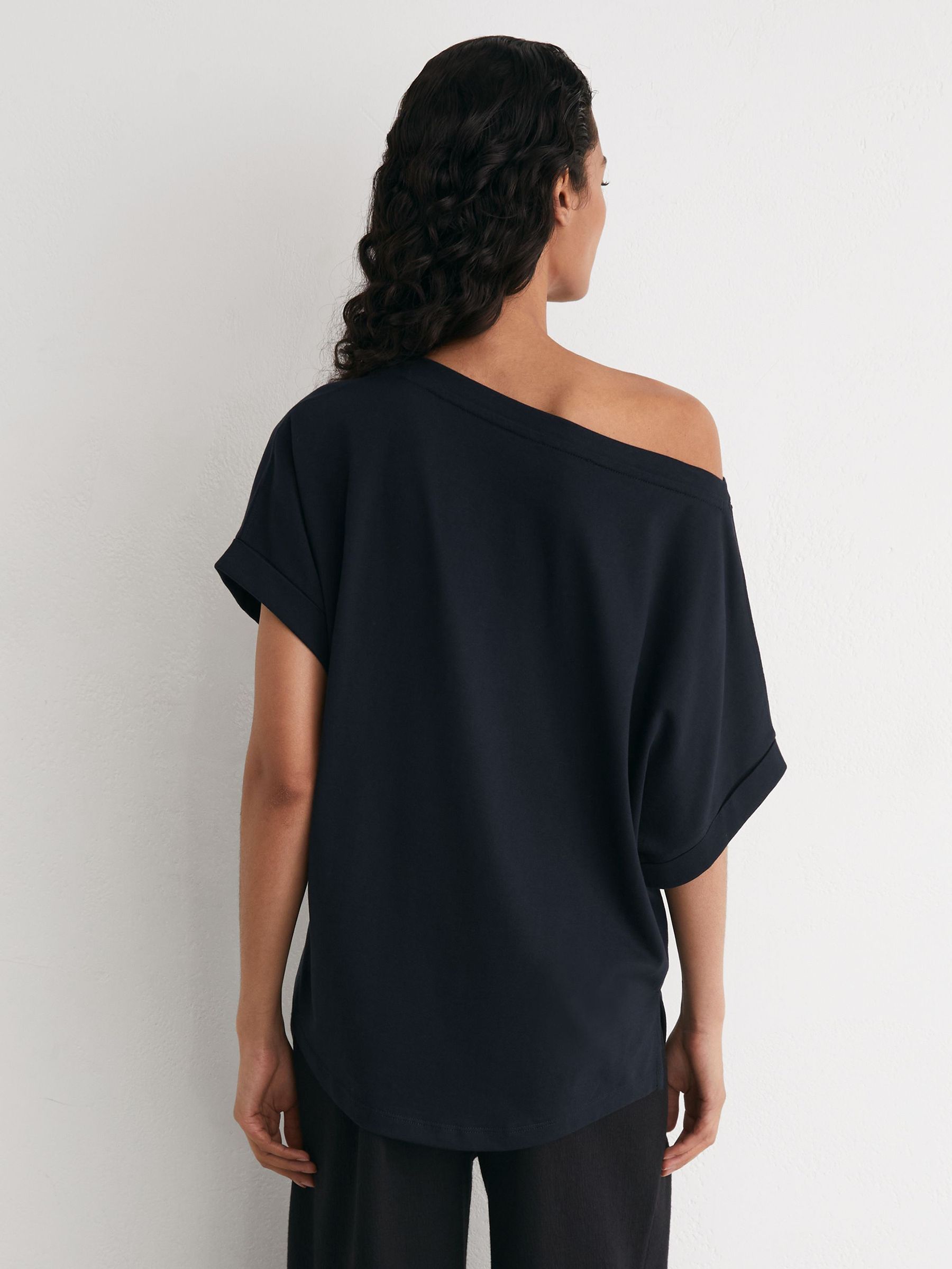Cotton Off-Shoulder T-Shirt in Navy - Image 4 of 5
