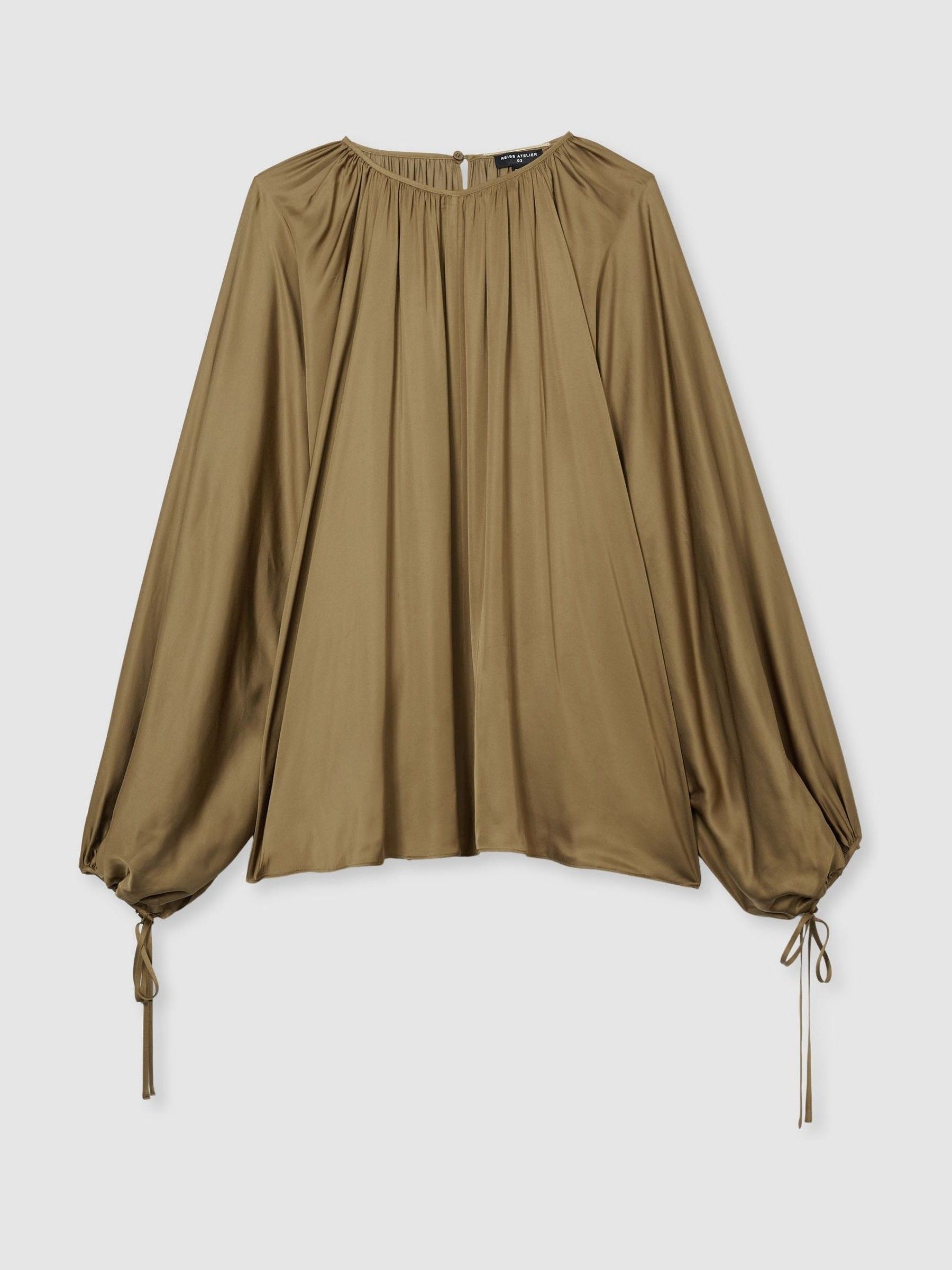 Atelier Gathered-Satin Top in Khaki - Image 2 of 7