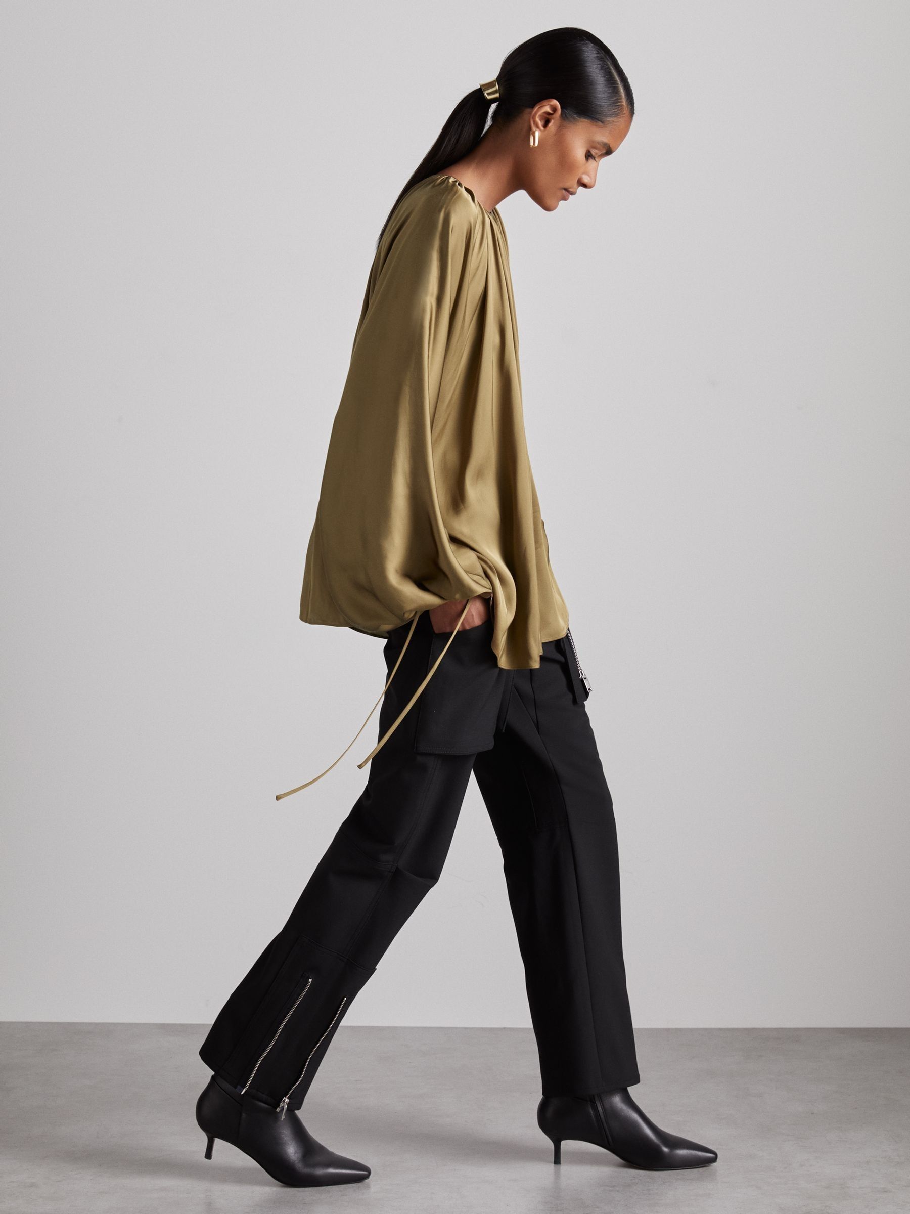 Atelier Gathered-Satin Top in Khaki - Image 3 of 7