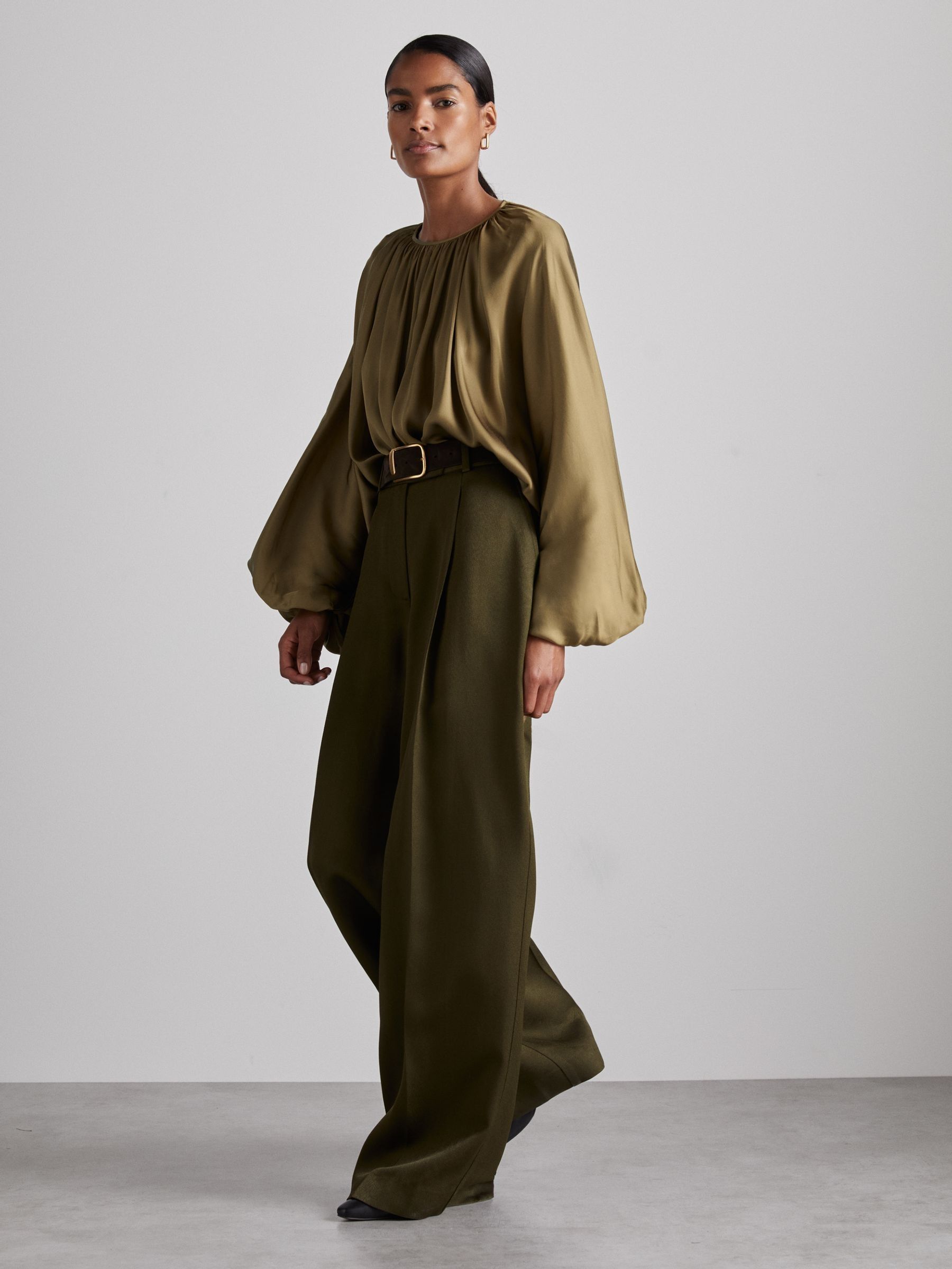 Atelier Gathered-Satin Top in Khaki - Image 4 of 7