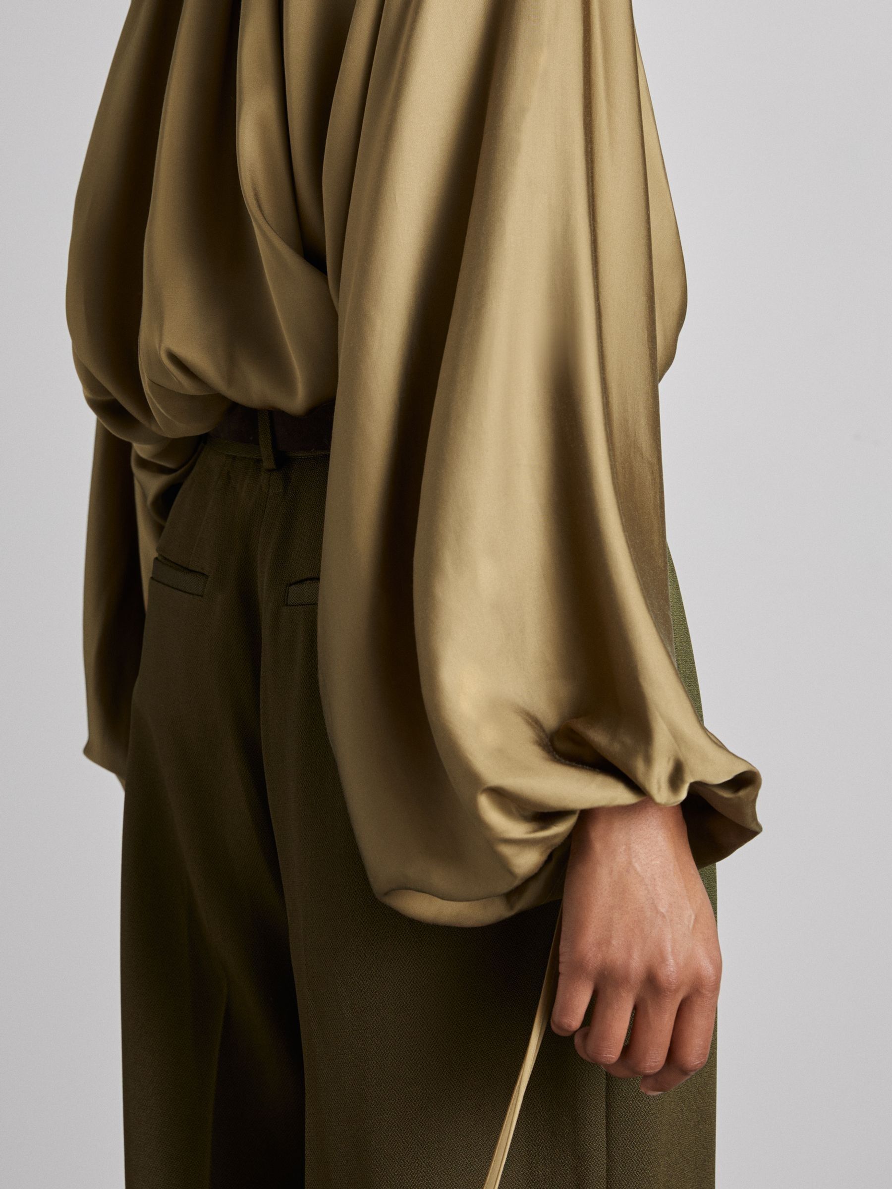 Atelier Gathered-Satin Top in Khaki - Image 5 of 7
