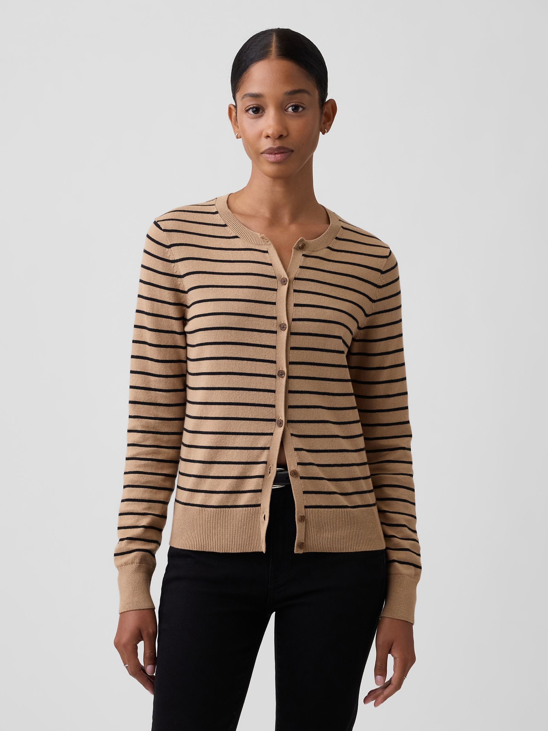 Brown Stripe Crew Neck Cardigan - Image 1 of 5